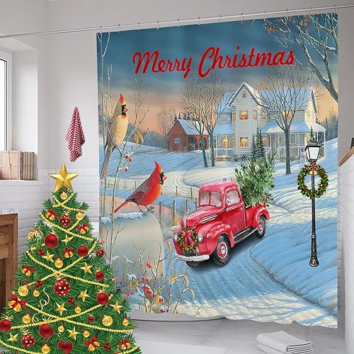 Miniatura 4 de Cortinas de ducha de camión rojo con texto en inglés "Merry Christmas", árbol de Navidad, nieve, muñeco de nieve, rústico, retro, decoración de baño