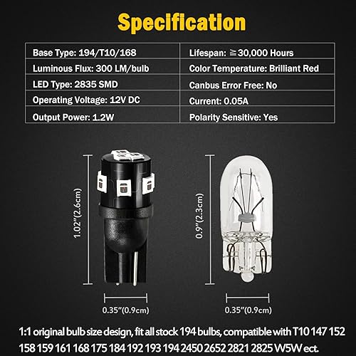 Miniatura 38 de AUXLIGHT 194 168 2825 T10 - Bombillas LED para interior, color blanco, rojo, ámbar y azul, luces súper brillantes de repuesto para domo, puerta