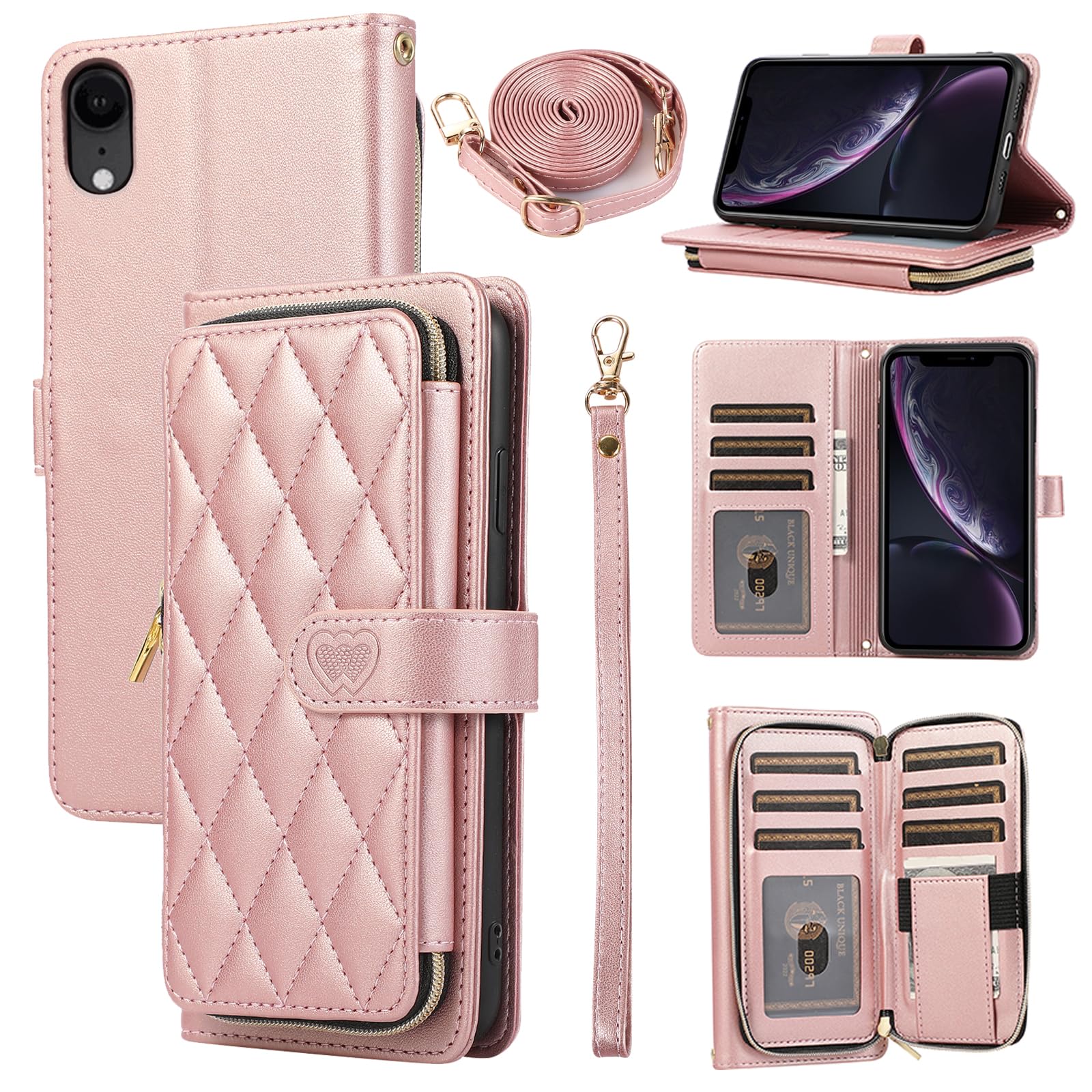 Furiet Argyle Wallet Case for iPhone XR 6.1 with Wrist Strap Shoulder Strap Card Slot Zipper Purse PU Leather Stand Phone Cover for iPhoneXR iPhone10R i Phonex 10XR 10R RX CR iPhoneXRcases Rose Gold