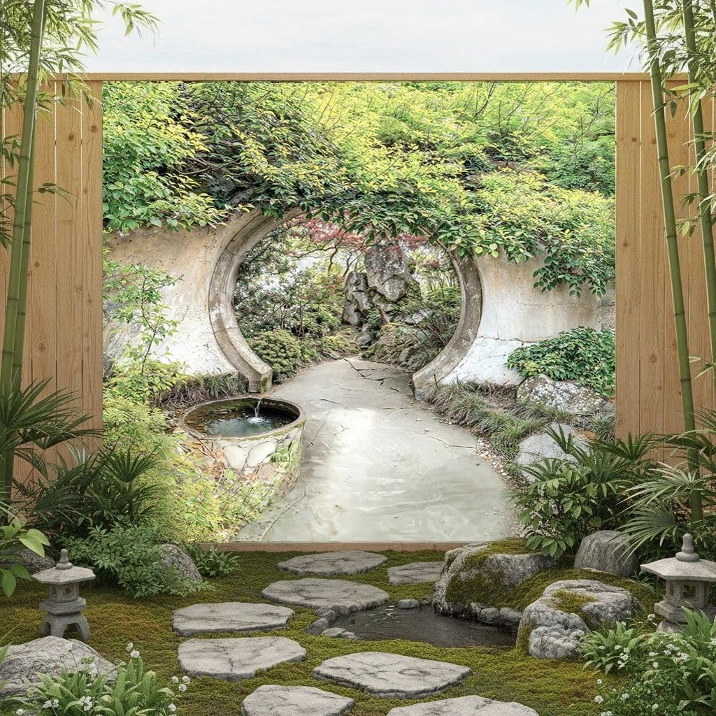 Sabrikas Let Your Creative Spirit Run Free Zen Moon Gate Garden Mural, Tapestry & Curtain – Waterproof Mural Outdoor Wall Hanging, Japanese Style Garden Wall Art, Fence Decor & Outdoor Tapestry W300cm X H180cm, W118.11 Inches X H70.87 Inches