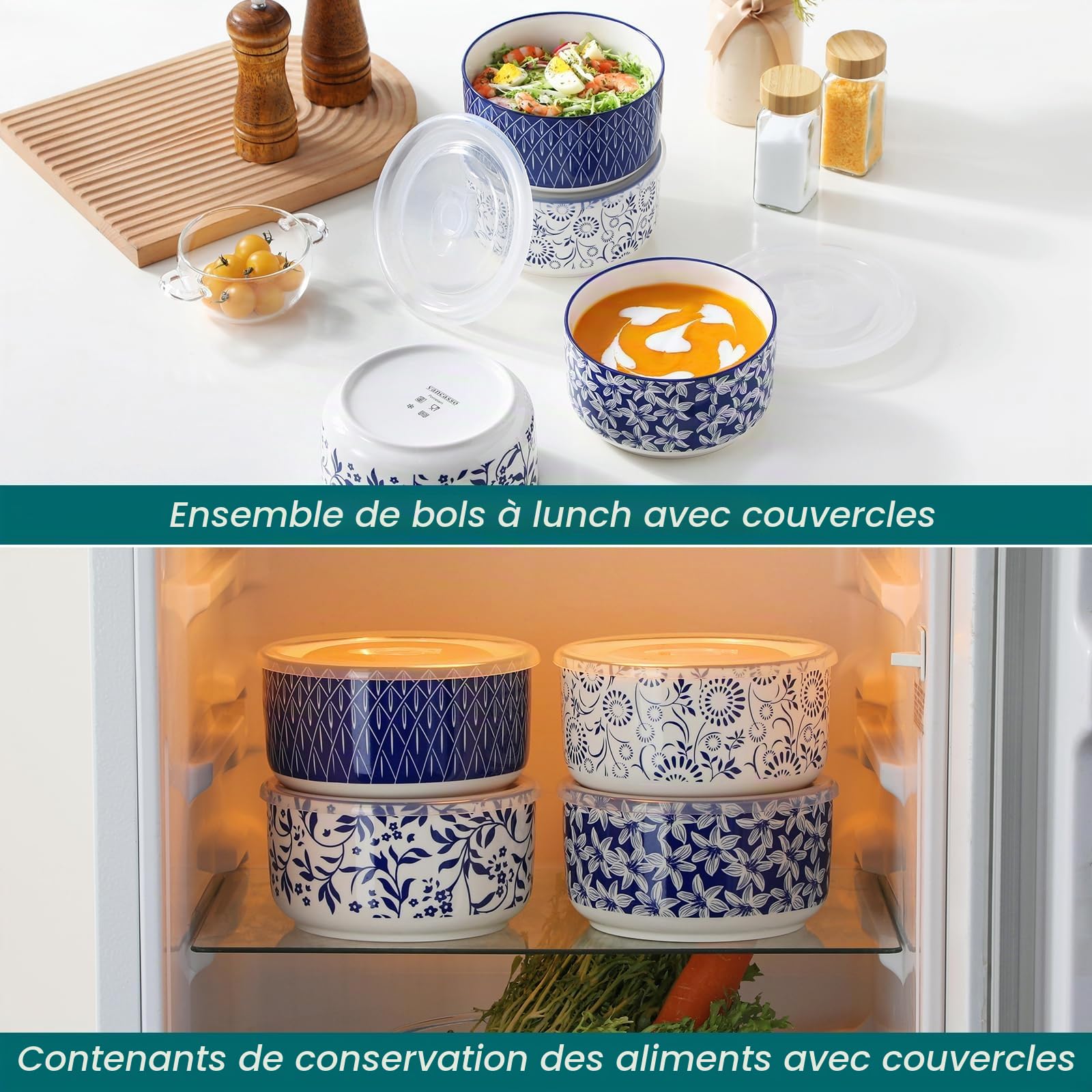 vancasso SELENE - Lot de 4 Boite Repas en Céramique 1080ml, Boîtes de Conservation Alimentaire, Boite Hermétiques pour Céréales, Salade, Soupe, Ramen, Micro-ondes et Congélation - Bleu et Blanc