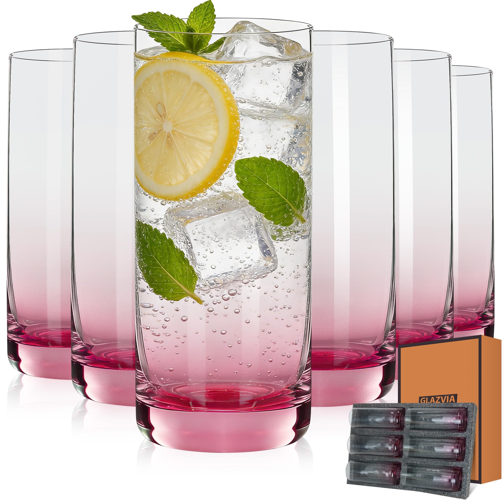 GLAZVIA Pink Highball Glasses Set of 6, Drinking Glass for Mixed Drink
