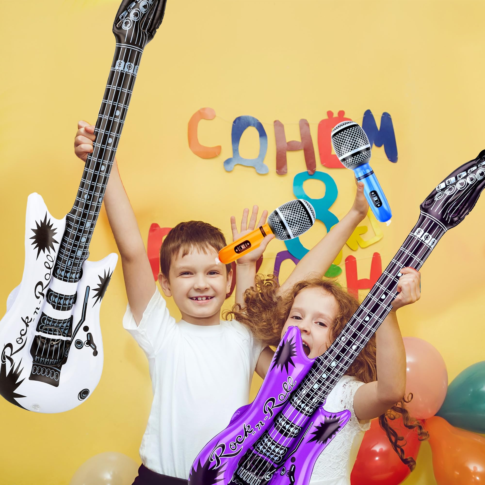 30 Pack Inflatable Rock Star Toy Set include 14 Pcs Inflatable Guitar Bulks 14 Pcs Blow up Microphone and 2 Pcs Red Air Pump for 80s 90s Musical Party Favors - Image 4