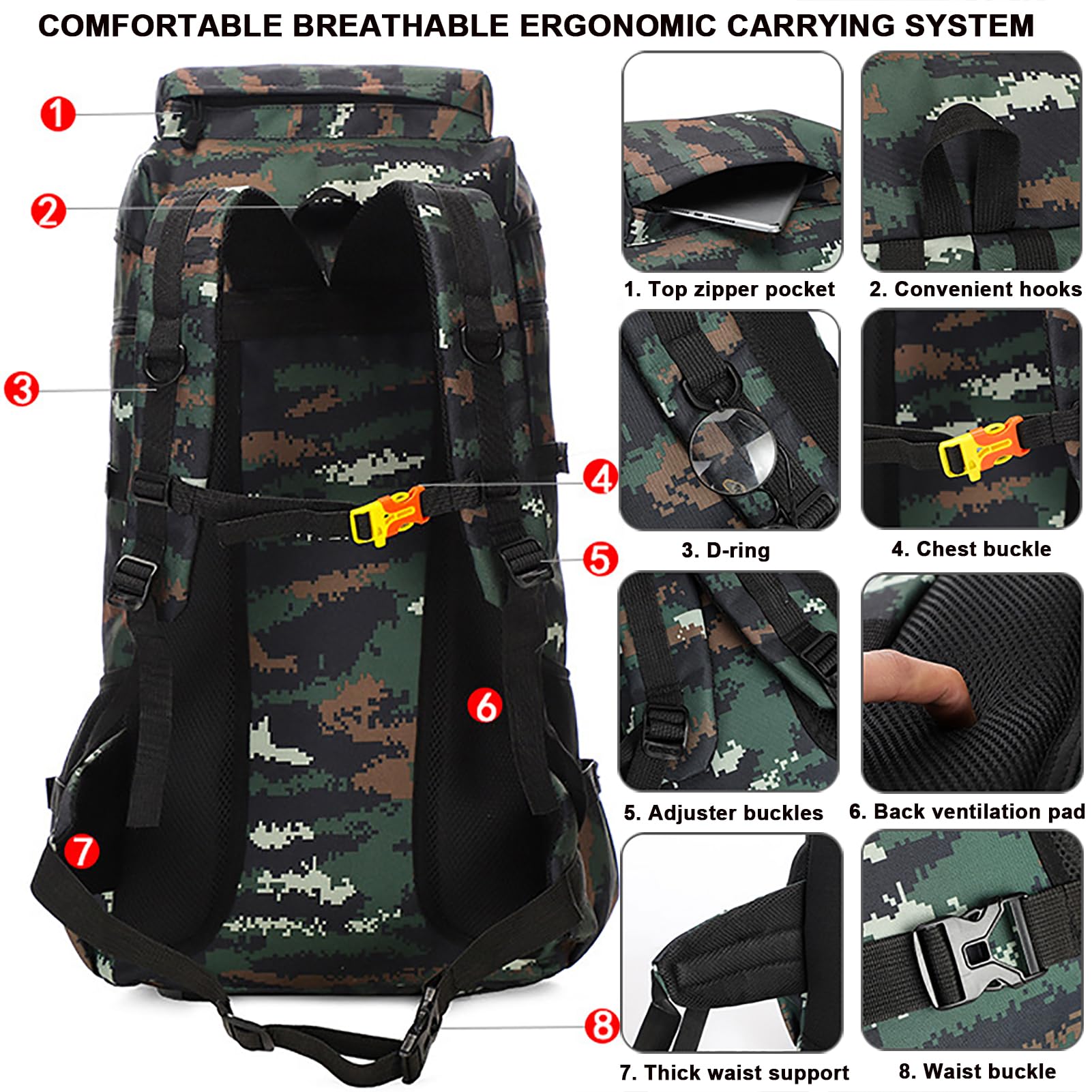 70L Impermeabile Zaino da Trekking, Grand Zaino Tattico Militare, Zaino da Viaggio Sport all'aperto per Arrampicata Campeggio Turismo Caccia alla Pesca Trekking,Ay Camouflage