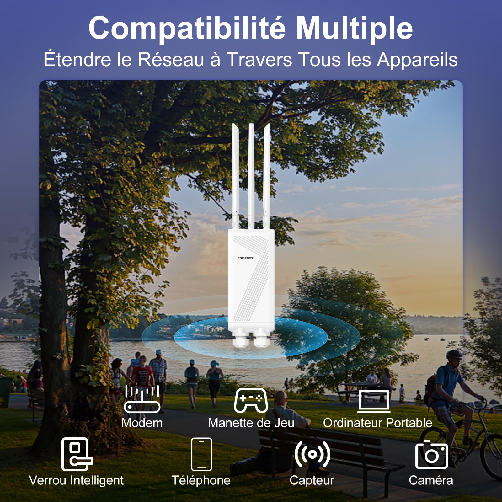 COMFAST Répéteur WiFi 7 Extérieur BE3600 Mbps, Outdoor Point d'accès Double Bande 2.4G/5GHz avec 3 Antenne, 3 Port Gigabit, 48V PoE/12V DC, IP66, MU-MIMO, Longue Portée Repetiteur WiFi Exterieur