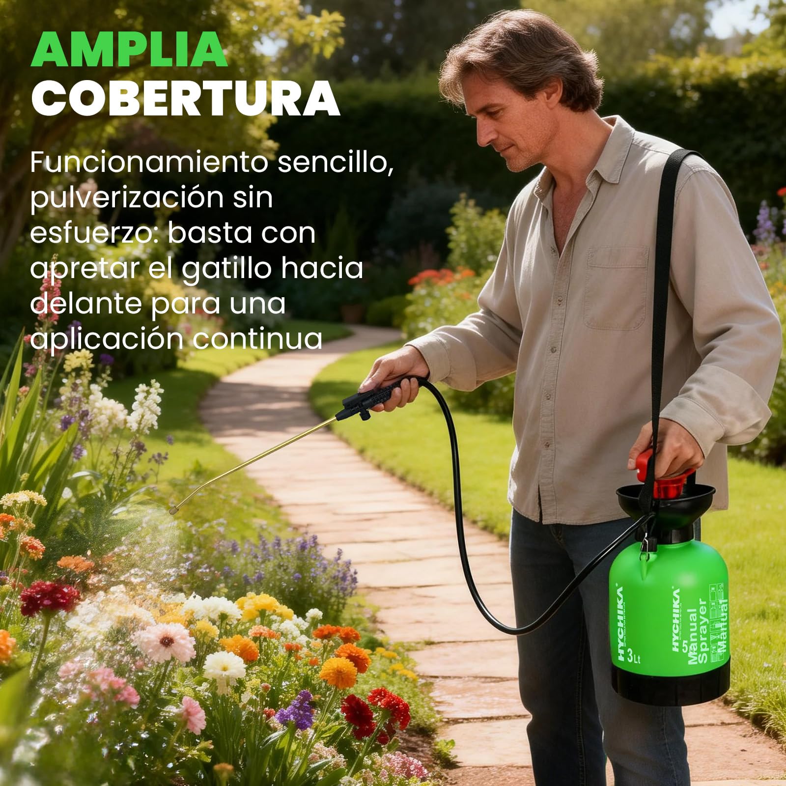 HYCHIKA Pulverizador Agua 3L, Pulverizador Plantas con Boquilla Ajustable y Correa para el Hombro, Sulfatadora Manual Spray Bottle Adecuado para Jardin, Patios y Mantenimiento de Plantas
