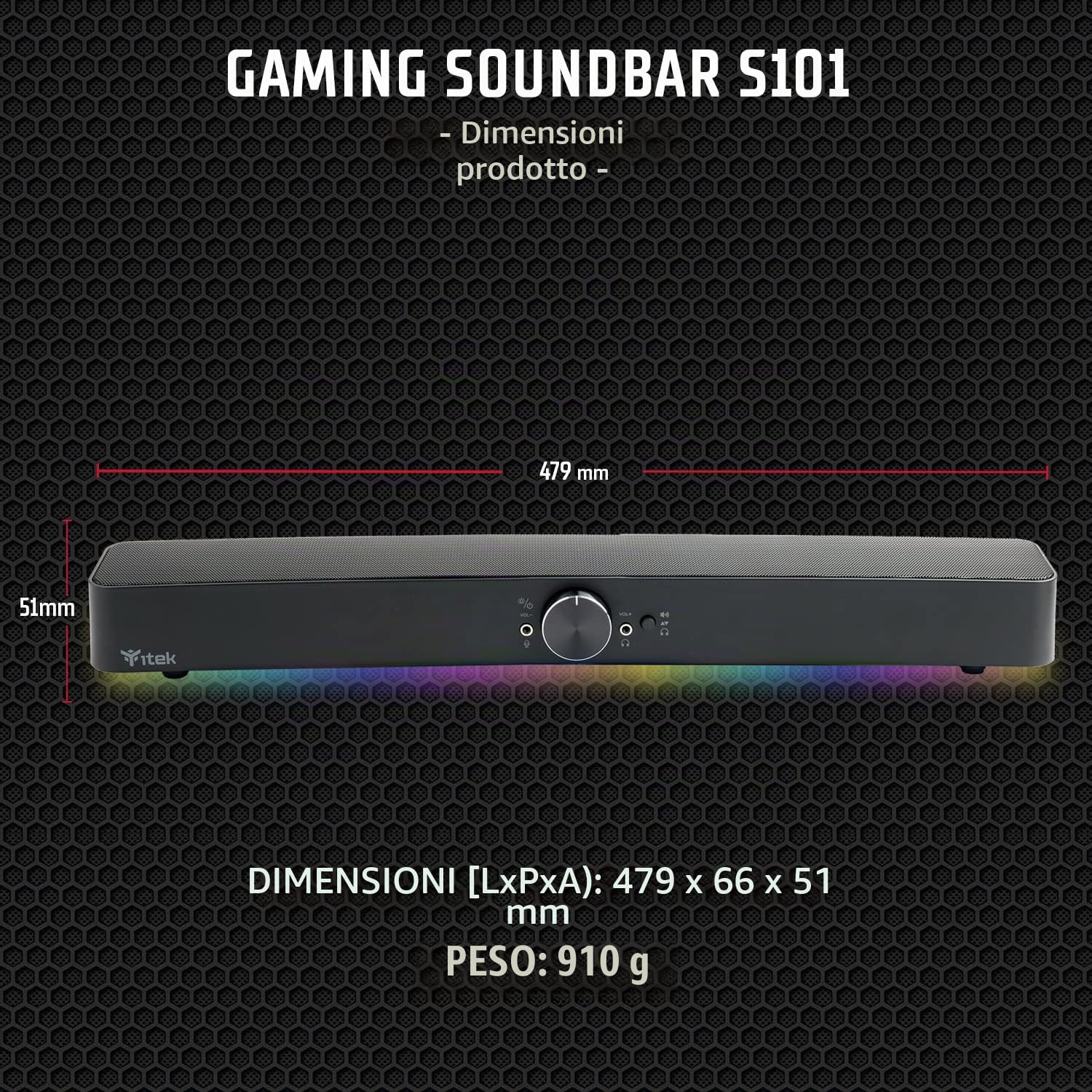Itek Gaming Soundbar S100 illuminazione RGB, BlueTooth, Jack 2x3.5mm con Uscita Mic e Cuffie