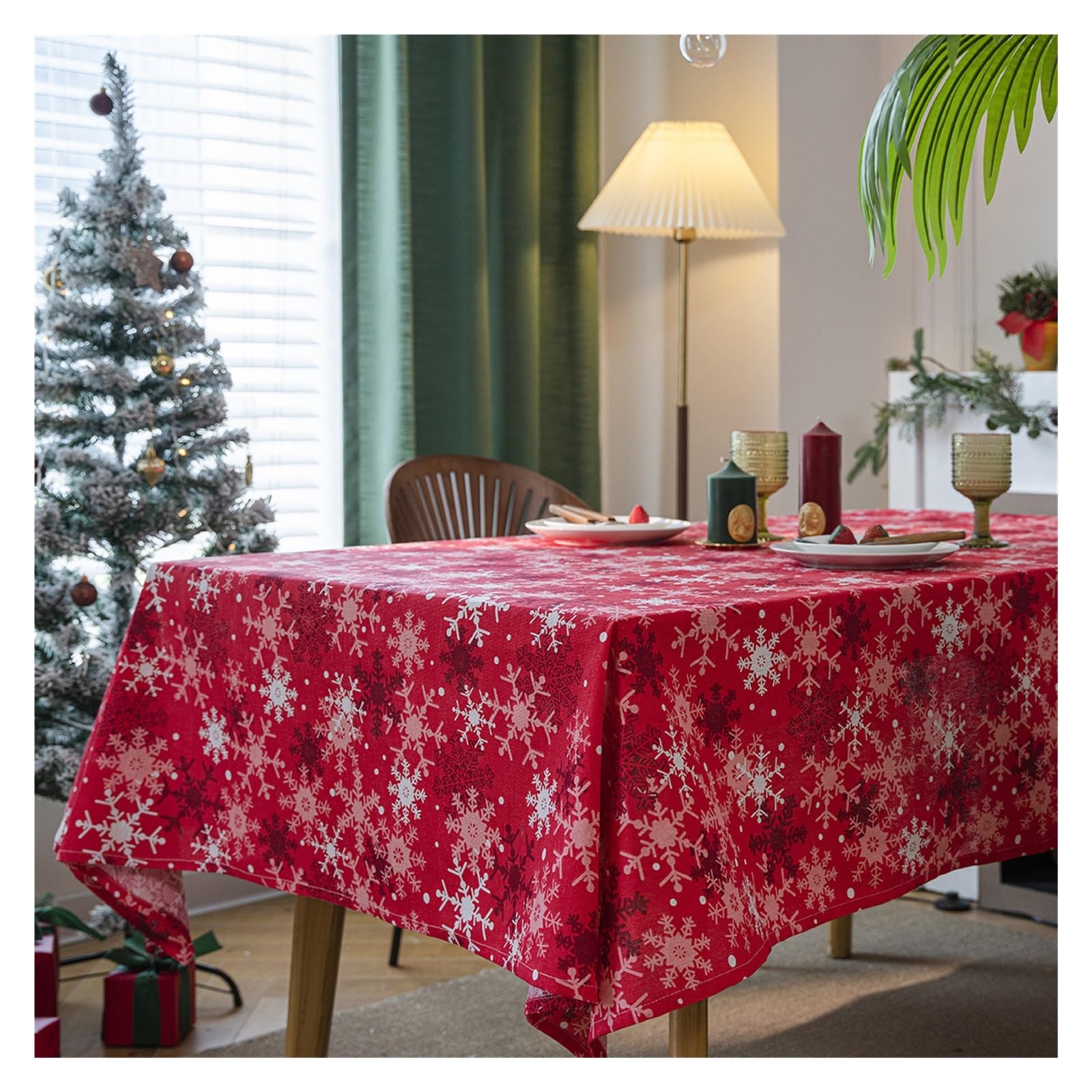HYFEUOKF Snowflake Print Christmas Tablecloth Red Rectangular(140-220cm)