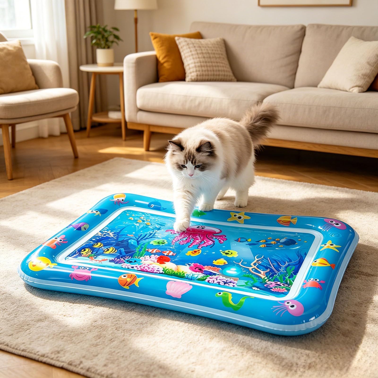 Kühlmatte Katze Wassermatte, Katzenspielzeug Wassermatte Sensorische Katze, 60x40CM Katzen Kühlmatte Katzenpool mit Fischen Spielzeug Licht, Interaktives Katzenspielzeug Selbstbeschäftigung Wasserbett