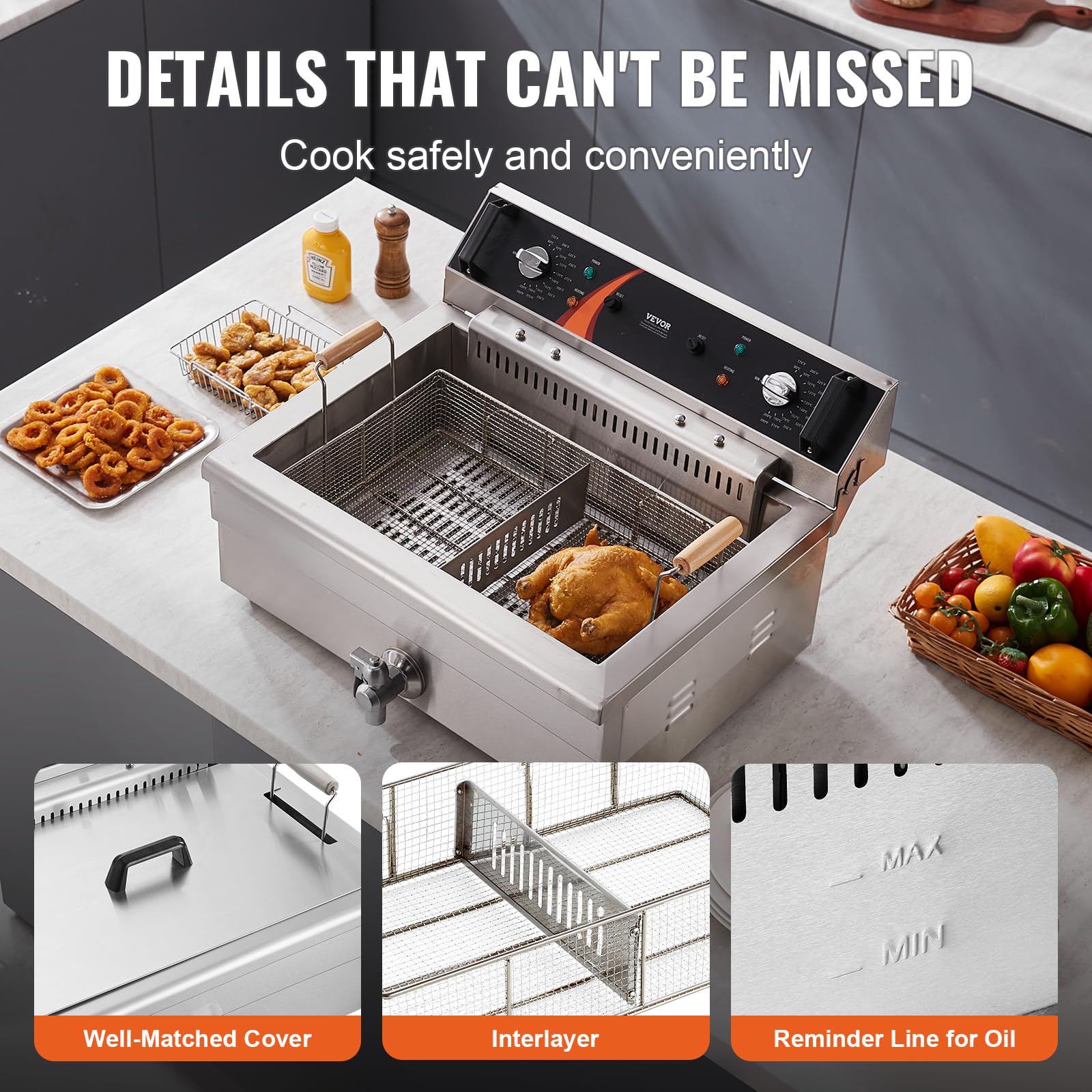 VEVOR Friteuse commerciale 2250 W, friteuses à bain d'huile électrique avec panier, en acier inoxydable, grande capacité 20 L pour cuisine, restaurant, café, température réglable 80-200 °C, argenté