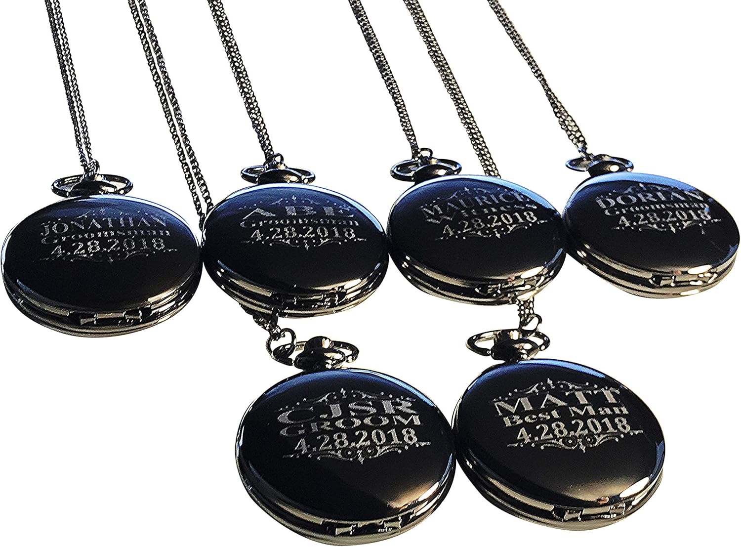 6 Pocket Watch Set - Personalized Unique Wedding Gift for Men and Women - Boxes, Chain and Engraving is Included