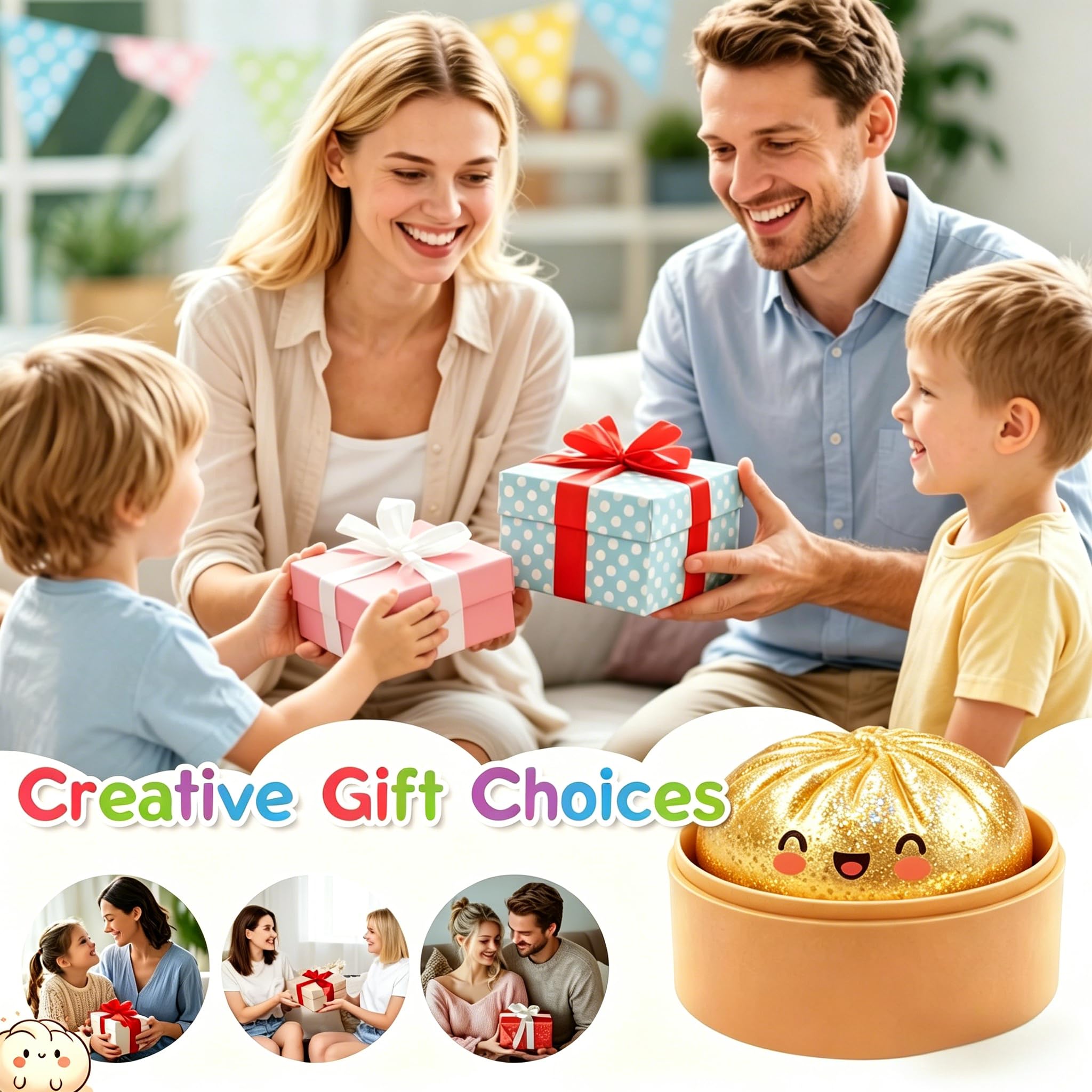 Giant Dumpling Squishy,Mystery Dumpling Squishy,Gigante Glitter Squishys Ravioli,Palla Antistress Gigante,Divertente Giocattolo Antistress Bao Bun Con Vaporiera Per Bambini Adulti Collezione (Dorato)