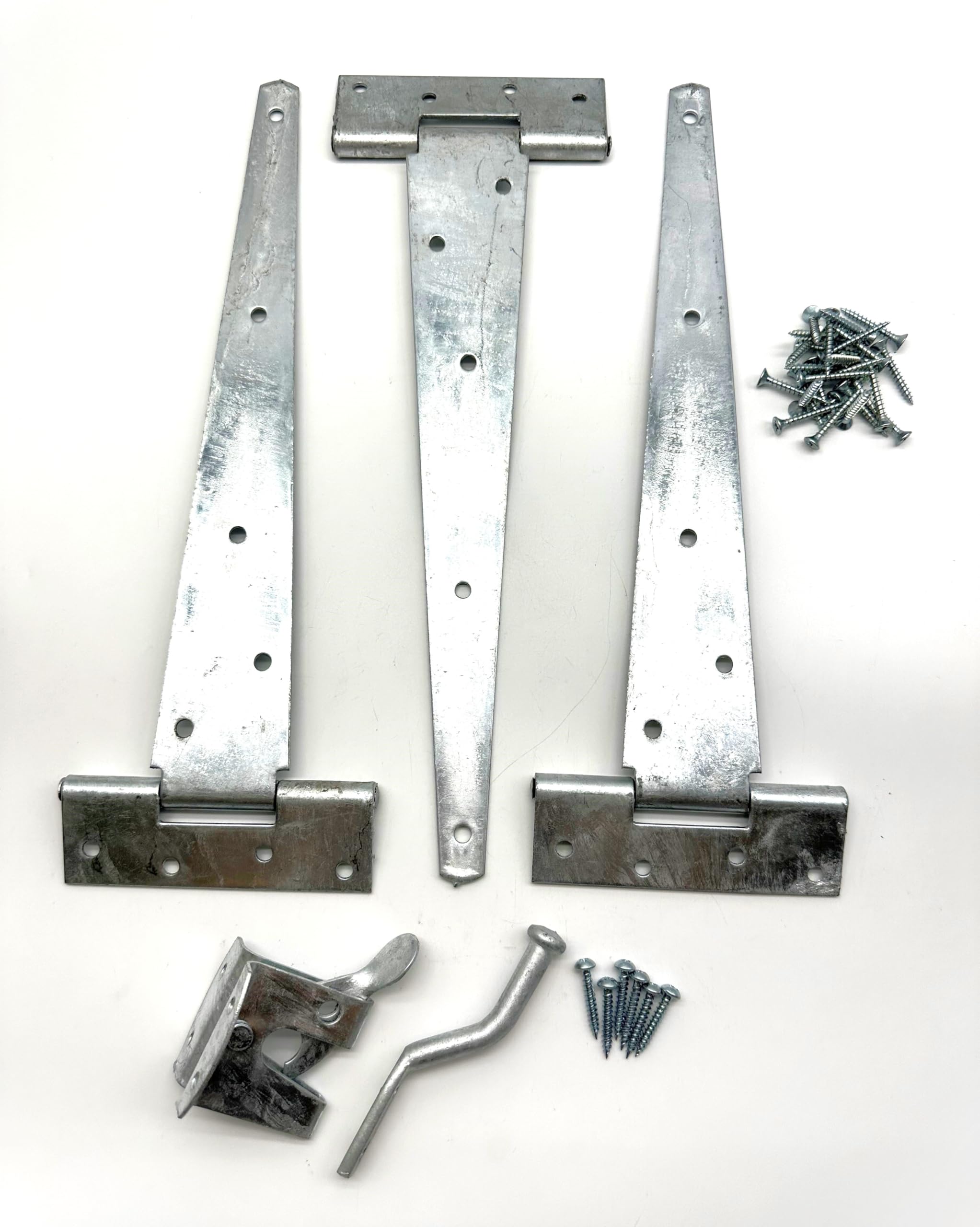 Heavy Duty Hot Dipped Galvanised Garden Gate Hinge Pack. 3PK of 12" Tee Hinges, Auto Close Latch and All Fixings. Hanging Kit for Gates and Doors. Corrosion and Weather Resistant External Hinge Set.