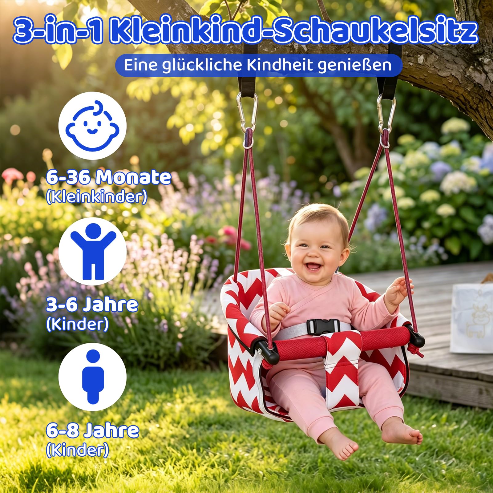 Altalena Da Giardino Per Bambini,Seggiolino Altalena Bambini Con Morbida Cintura Di Sicurezza E Corda Regolabile,Altalena Per Bambini, Altalena Per Interni Ed Esterni (Rosso)