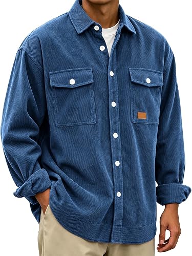 Mens Corduroy Jacket Corduroy Button Down Long Sleeve Shirt 