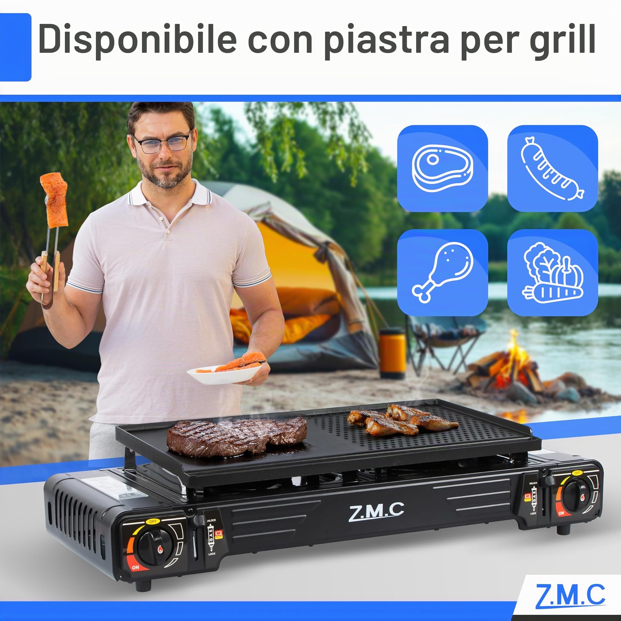 Z.M.C Fornello a Gas da Campeggio con 2 Fuochi e Piastra 45 x 24 cm, 8 Cartucce da 227g, Dispositivo di Sicurezza per Esterni ed Interni