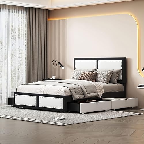 Miniatura 27 de Elegante cama con plataforma tapizada de terciopelo de tamaño Queen con cabecero, para niños, niñas y adolescentes (beige @cabecero/, Queen)