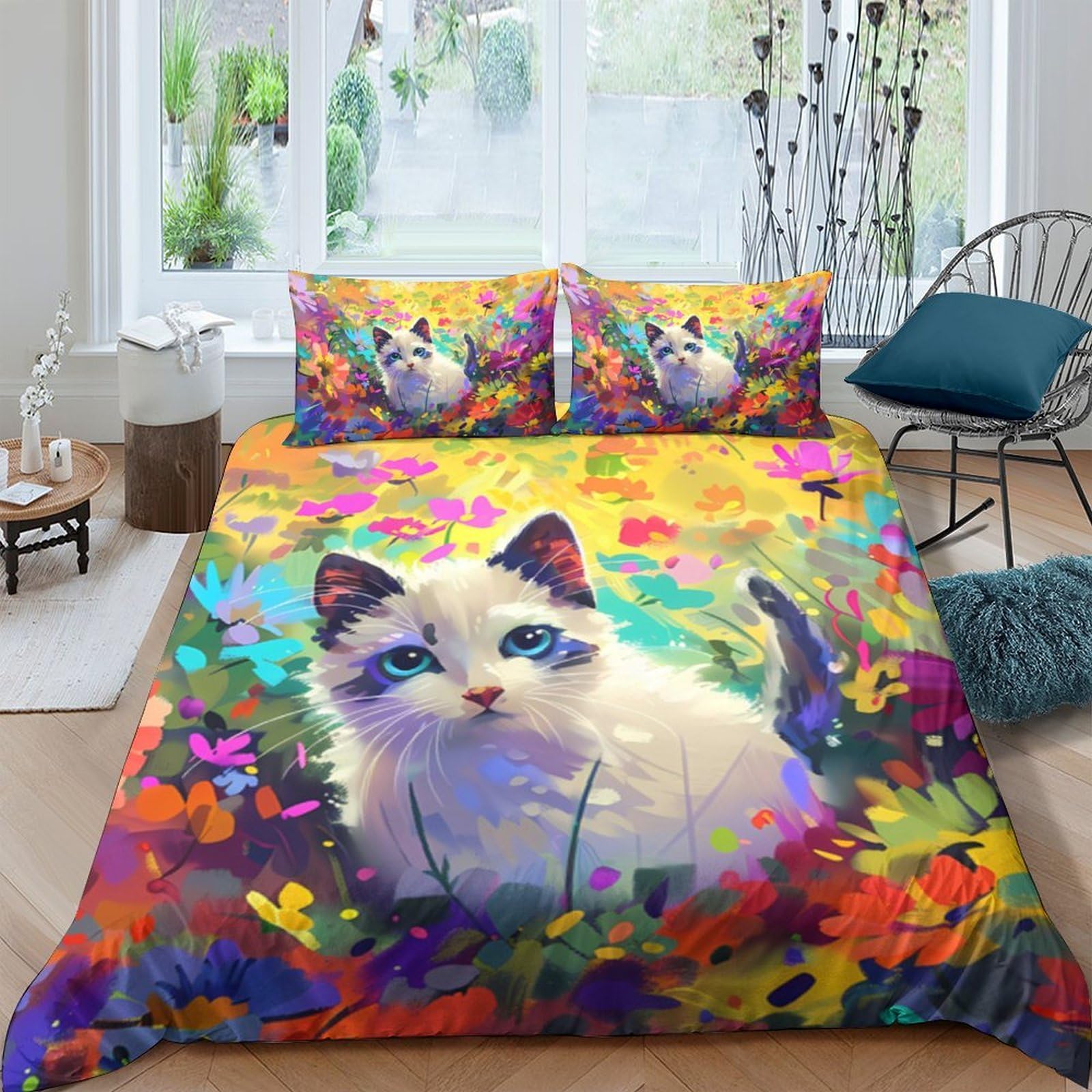 Ctjqhvkz Style-7 3D Printed Colourful Cat Fitted Sheet Microfiber Soft Bedroom Decor Artistic Kitten Mattress Cover Single（135X200cm）