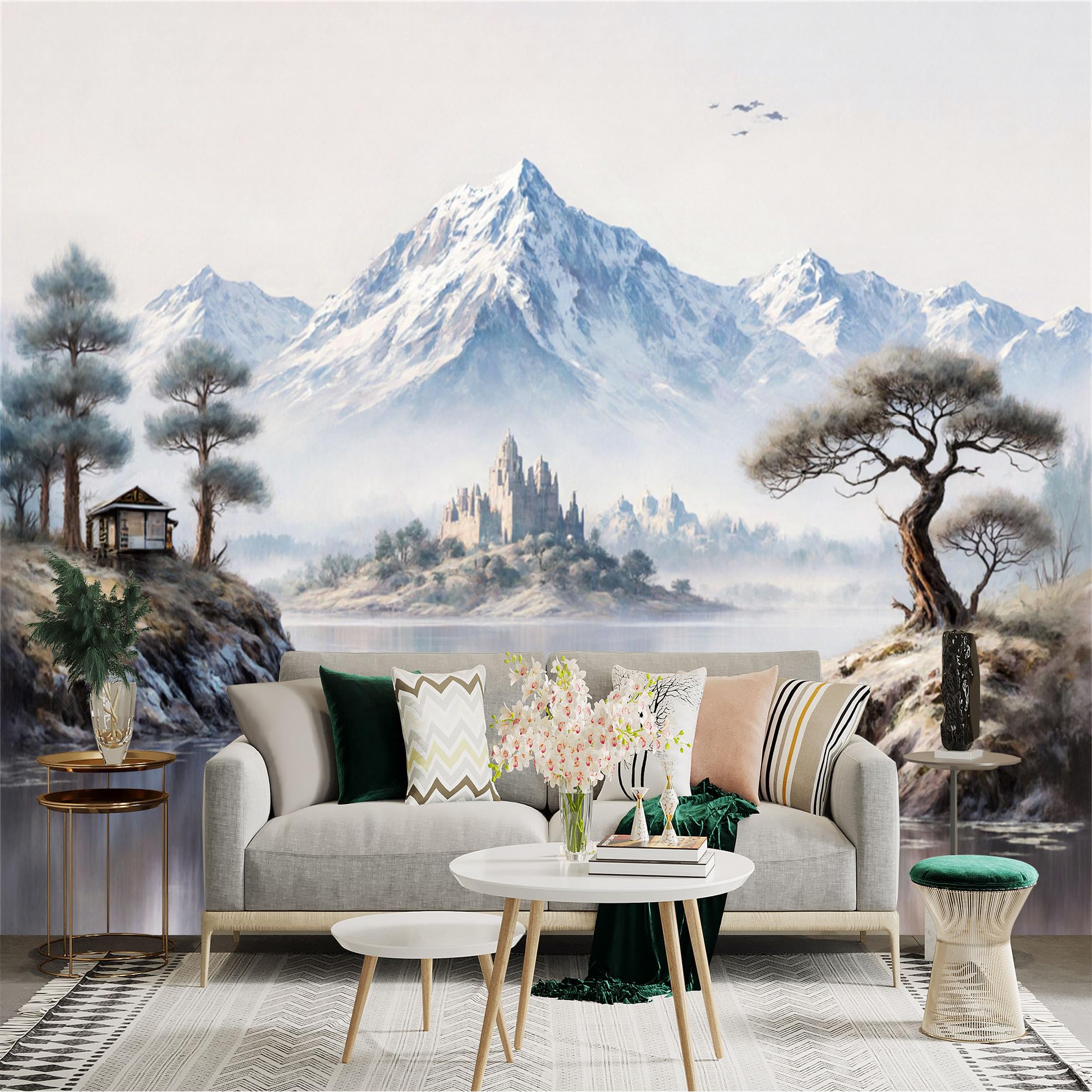 Lnzczhyre Xc260505549 Custom Size Wall Sticker Mural， Snowy Mountain Landscape With Ancient Castle， Misty Lake And Pine Trees， For Wall Decoration， Peelandstick Wall Decals.