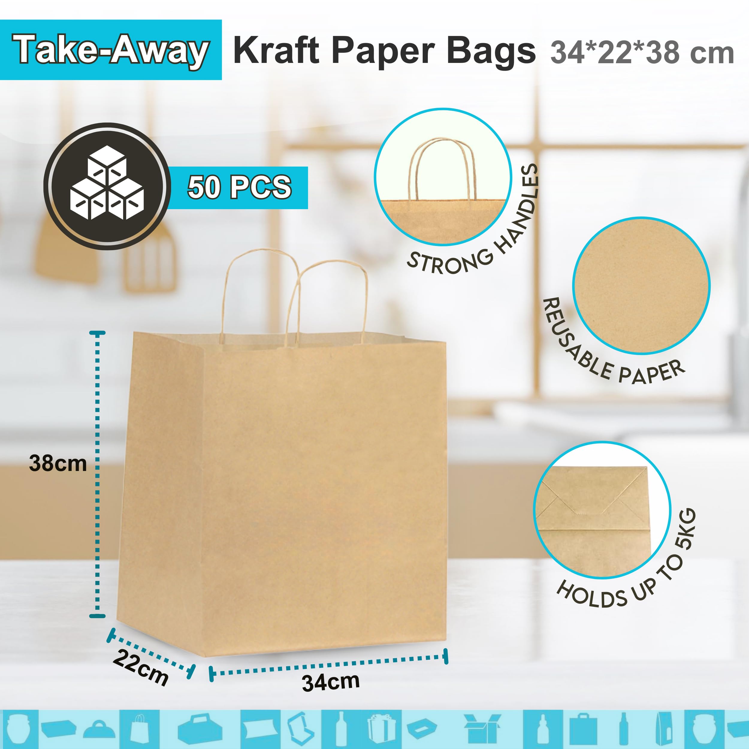 50 Sacs en Papier Kraft 34x22x38 cm avec Poignées | Sac Take Away : Sachet Alimentaire pour Emporter | Sac Cadeau pour Noël