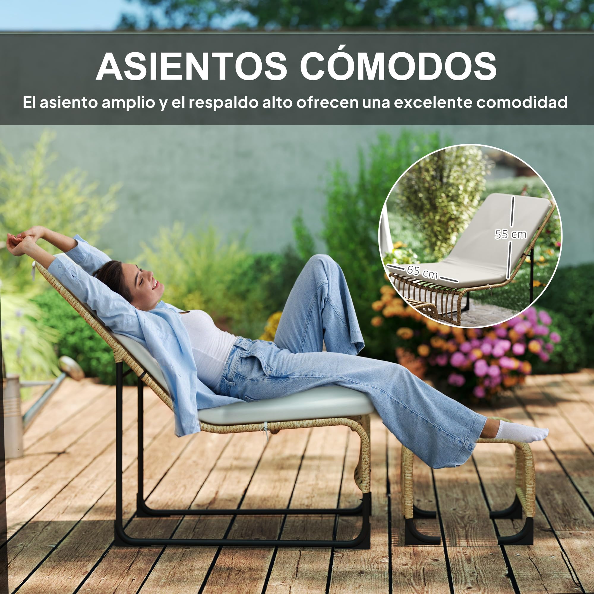 Outsunny Conjunto de Sillón de Jardín con Reposapiés de Ratán Sintético, Sillón para Exterior con Estructura de Acero y Cojín Acolchado, Natural y Beige