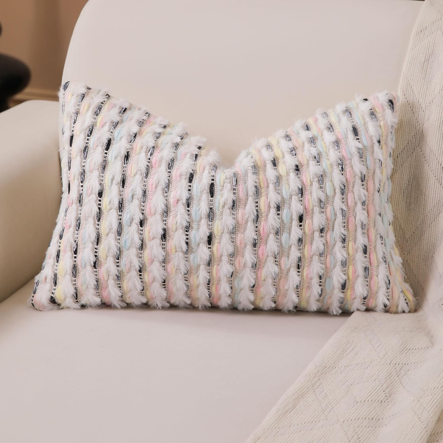 Boho Lumbar Pillow Cover 12x20 Inch Pack of 1 Farmhouse Rectangle Decorative Couch Throw Pillow Cover Macaron Chenille Tufted Striped Pillowcase for Living Room Sofa Bed