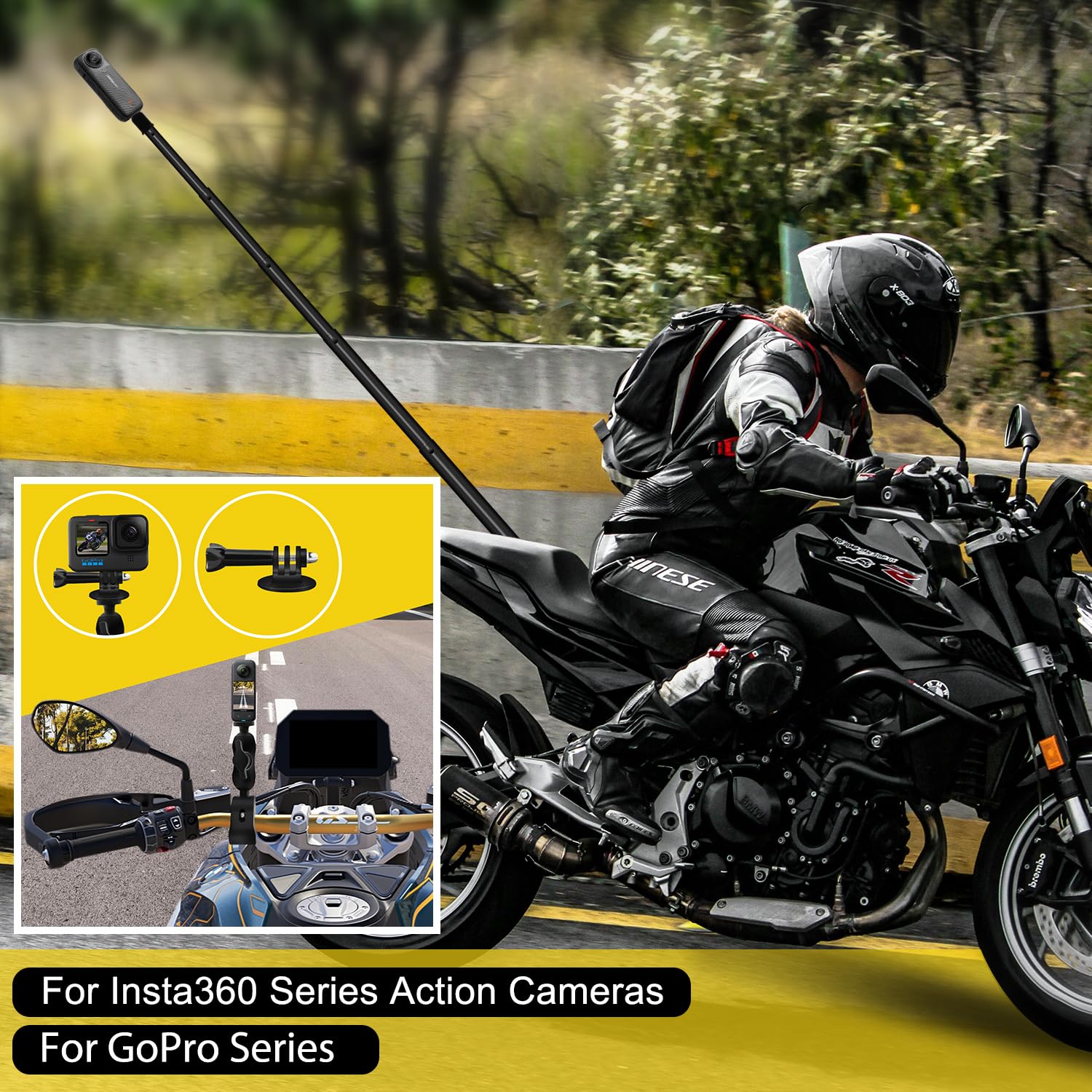 Supporto Per Manubrio Moto Con Selfie Stick Invisibile Taisioner | 150 Cm, Kit Per Insta360 X4/X3/X2/GO2/3, Versione Anti-Caduta