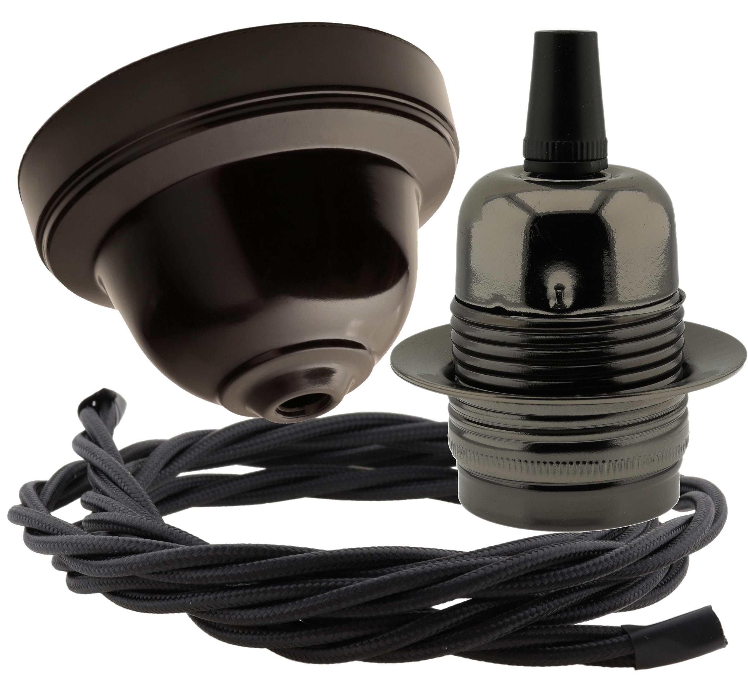 Repaireum Ltd. Vintage Styled Ceiling Pendant Kit incl. Black Bakelite Rose, Traditional E27 Lampholder in Antique Bras and 3 Core Black Braided Twisted Flex