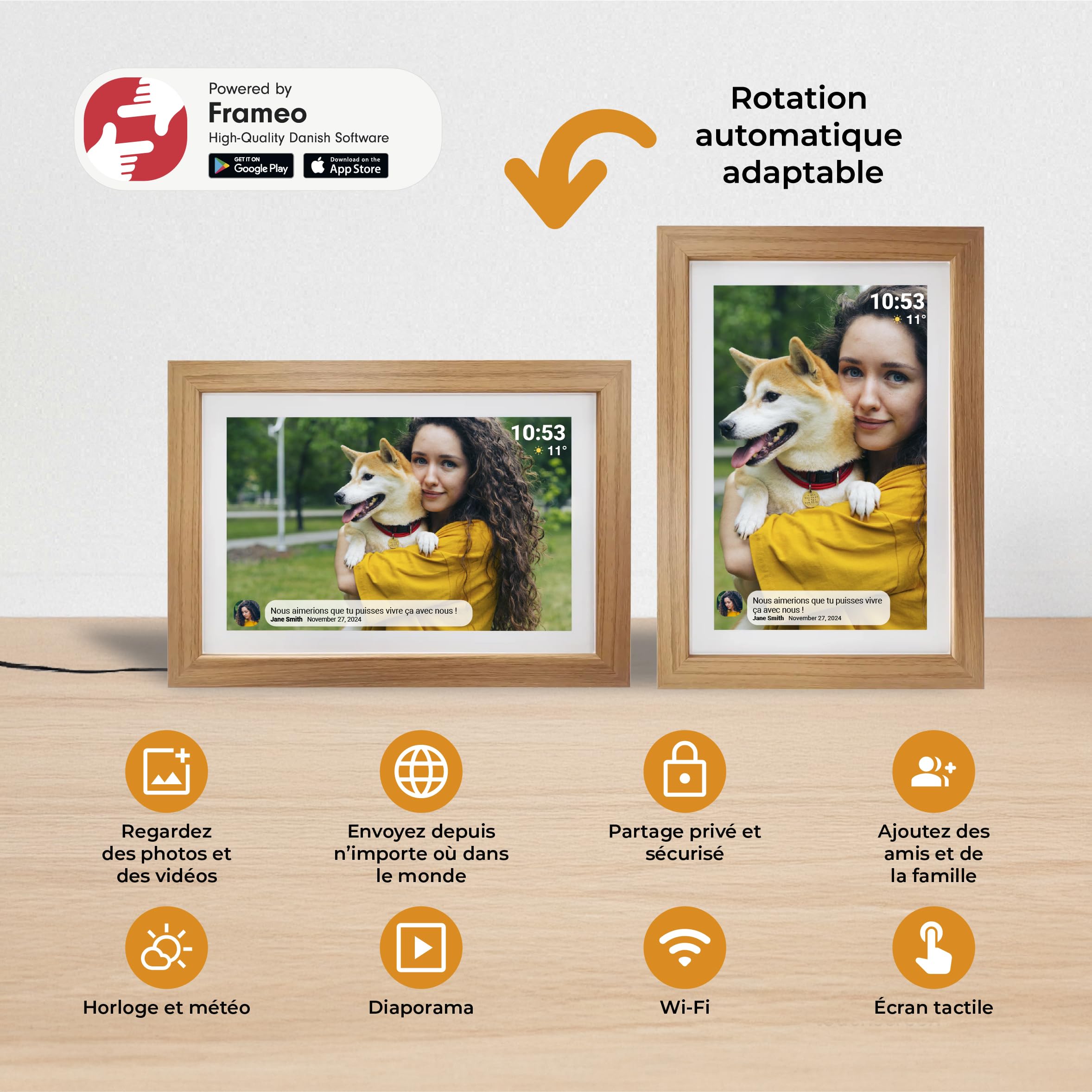 Denver PFF-1042LW Cadre Photo numérique Wi-FI FRAMEO 10,1 Pouces, écran Tactile IPS 1280 x 800, mémoire 16 Go, Application iOS/Android, Bois Clair