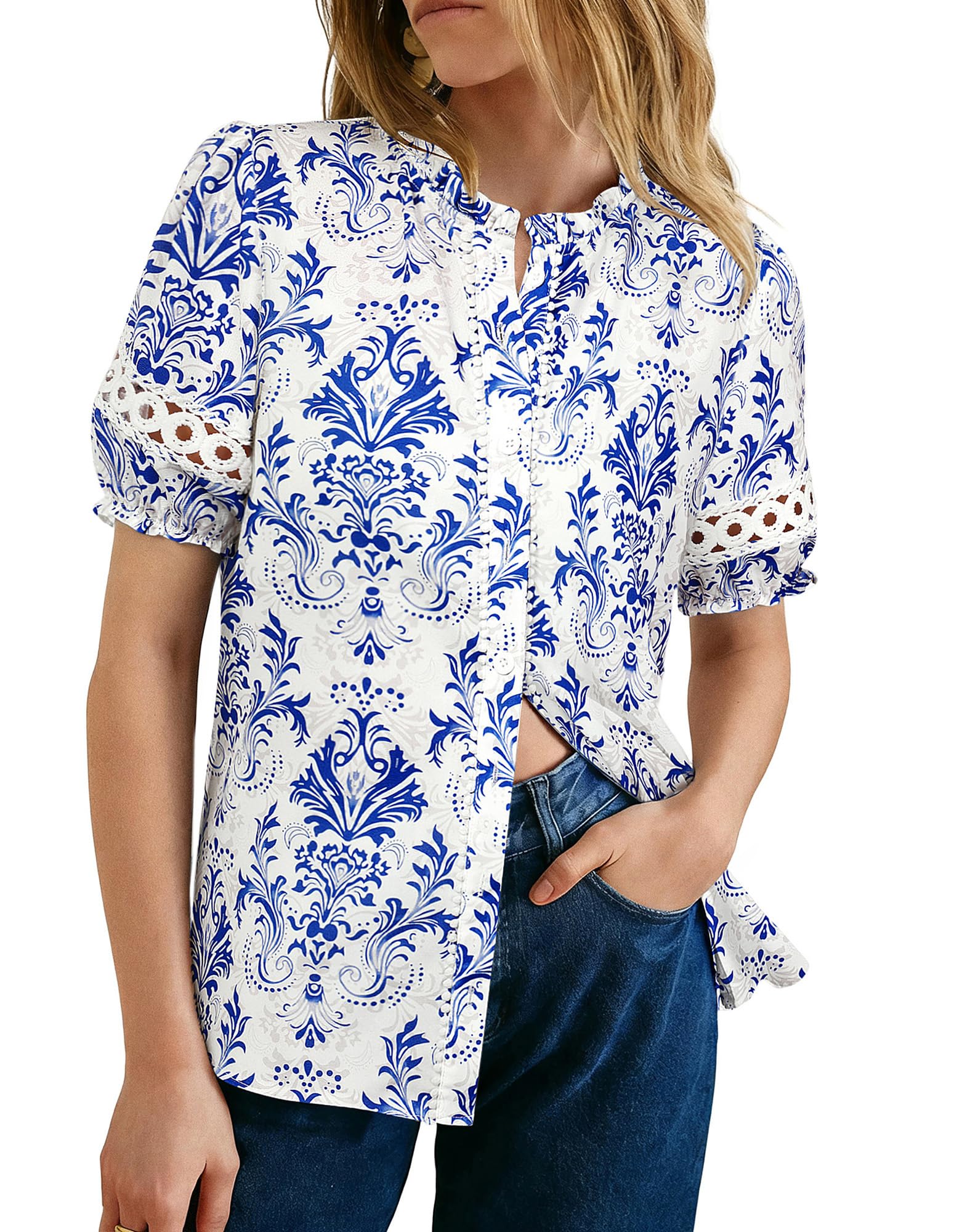 GRACE KARIN Women Boho Floral Tops Summer Short Eyelet Sleeve Dressy Casual Shirts Spring Button Down Blouse 2026