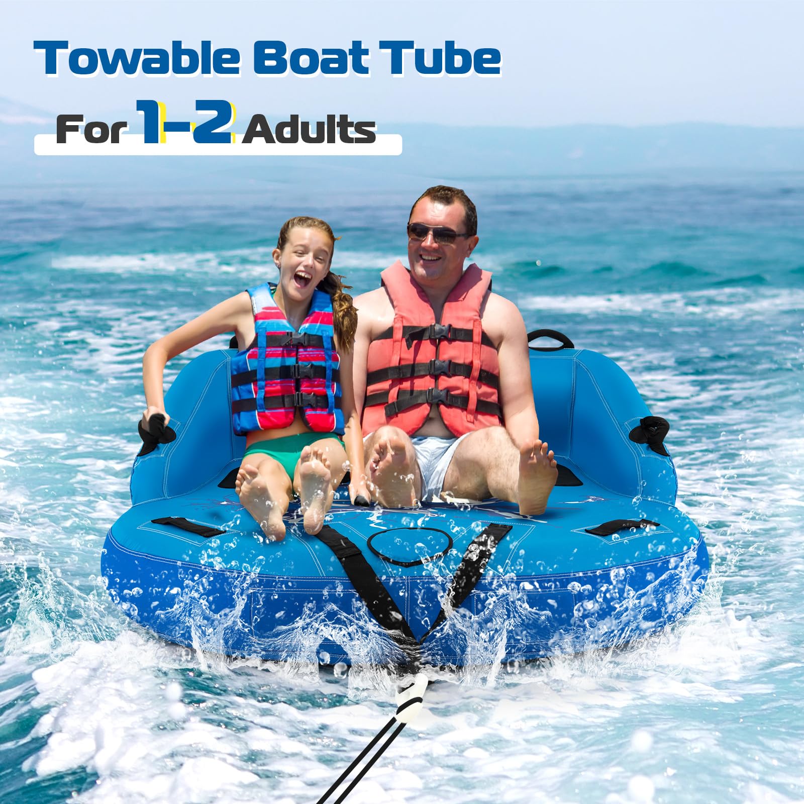 GYMAX Towable Tube for Boating, 2/3 Riders Inflatable Boat Tube for Water Sports to Pull, Boat Tubes with EVA Seat Pads, Dual Tow Points, Full 900D Nylon Cover & Drainage System (Blue, 2 Riders)