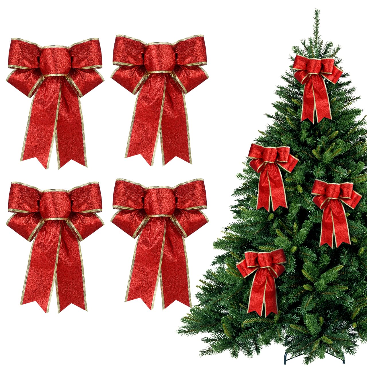Supvox Red Large Christmas Tree Bows Glitter Glittering Fabric Gold Ribbon Tree Decorations Presents Kids 5Pcs/Pack (Red)