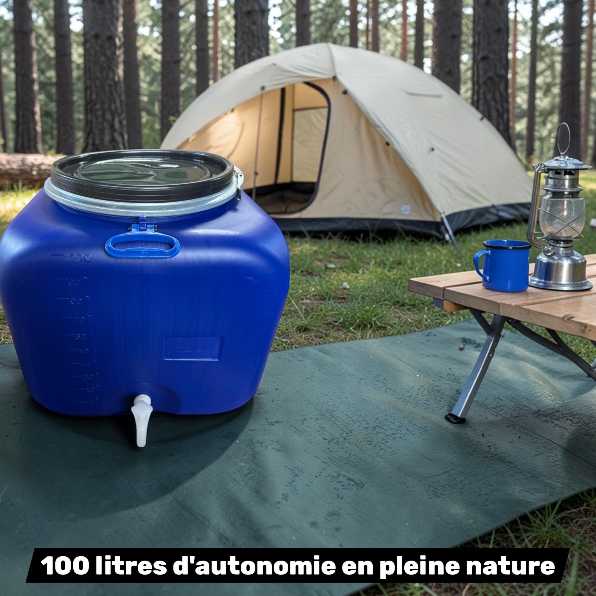 Jordan & Jordan — Bidon Cube 100L Blanc PEHD — 50×50×50cm — Ouverture Ø34cm Cerclage Levier + Robinet — Certifié Alimentaire sans BPA