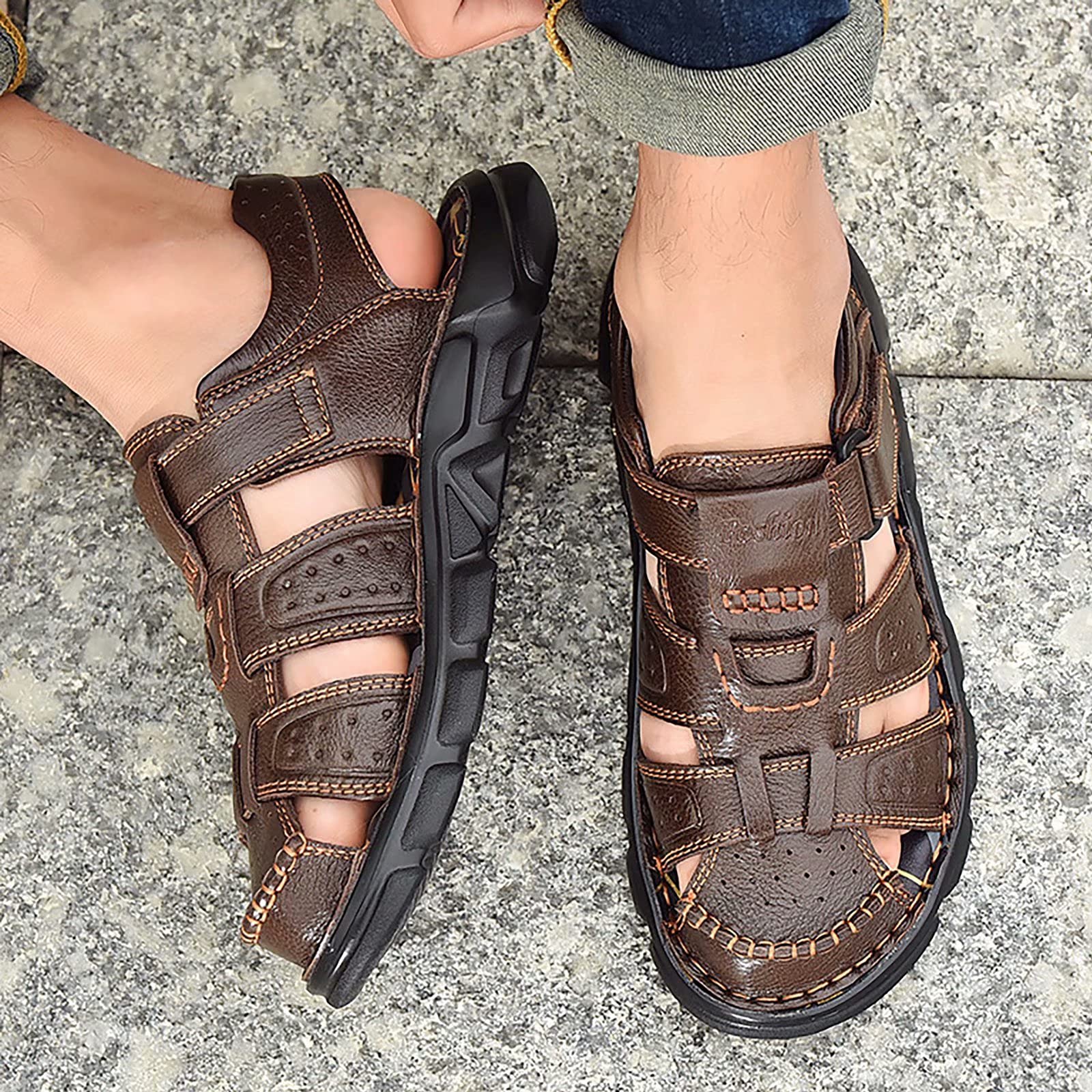 Sandalias de Cuero Hombre Punta Cerrada Al Aire Libre Sandalias de Senderismo Zapatos de Verano Ajustables Playa