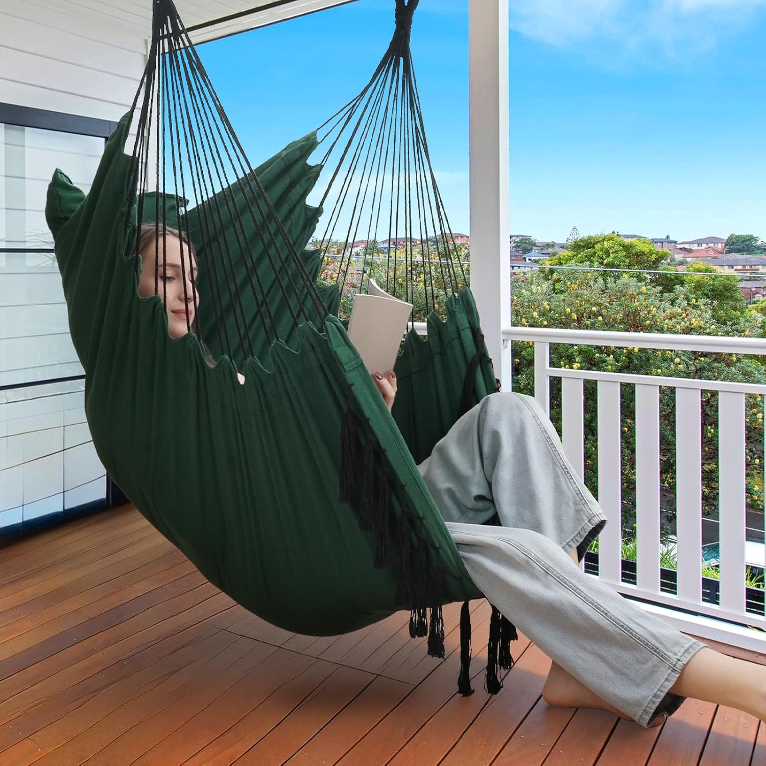 Y- STOP Hammock Chair Hanging Rope Swing, Max 500 Lbs, 2 Cushions Included, Large Macrame Hanging Chair with Pocket for Superior Comfort, with Hardware Kit, Green