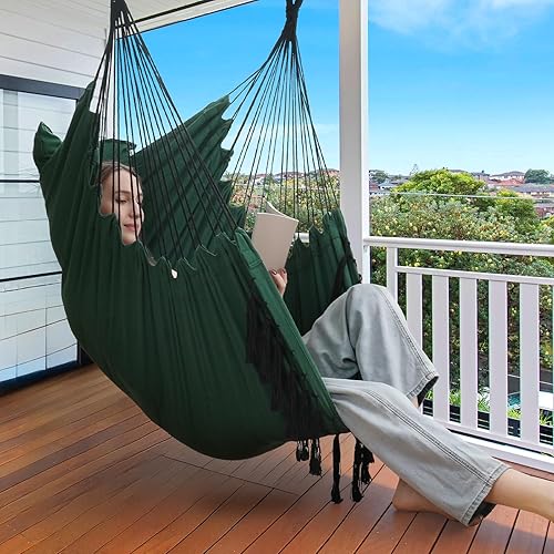 Miniatura 18 de Y- STOP Silla Hamaca Colgante Columpio de Cuerda, Máximo 500 Libras, 2 Cojines Incluidos, Silla Colgante Grande de Macramé con Bolsillo, Tejido