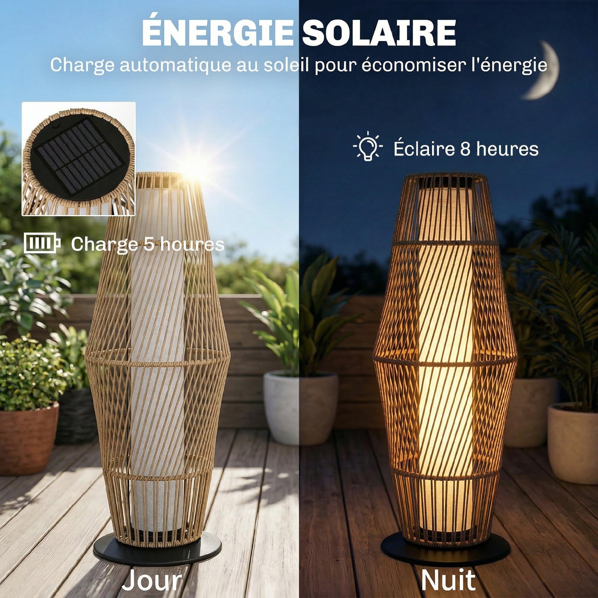 Outsunny Lanterne Solaire Extérieure en Résine Tressée avec Capteur de Lumière, Lampadaire LED Extérieur, 26x26x68cm, Sable