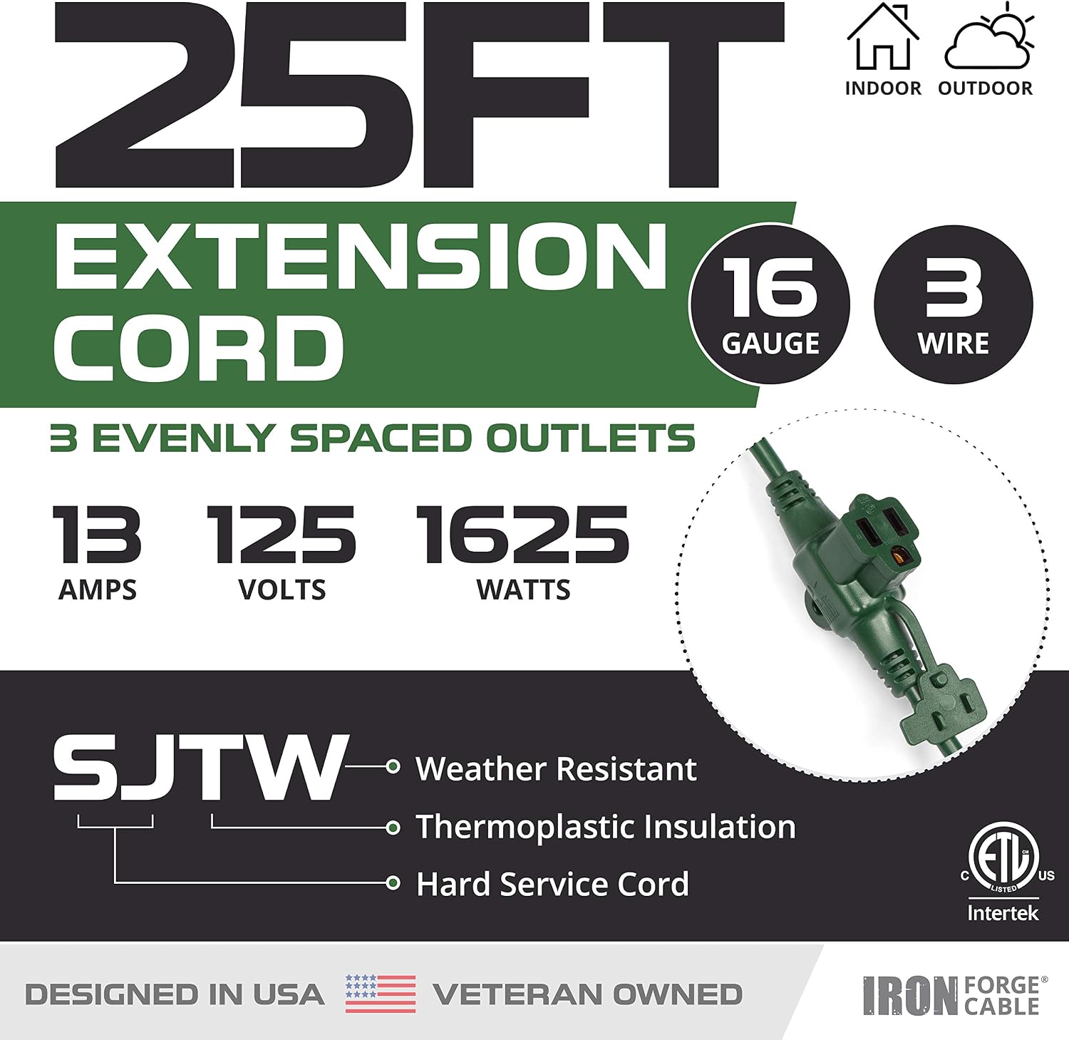 Iron Forge 25 Ft Green Extension Cord with 3 Spaced outlets - 16/3 SJTW Multiple Outlets Extension Cord with 3 Prong - 13 AMP for Outdoor Lighting & Decoration