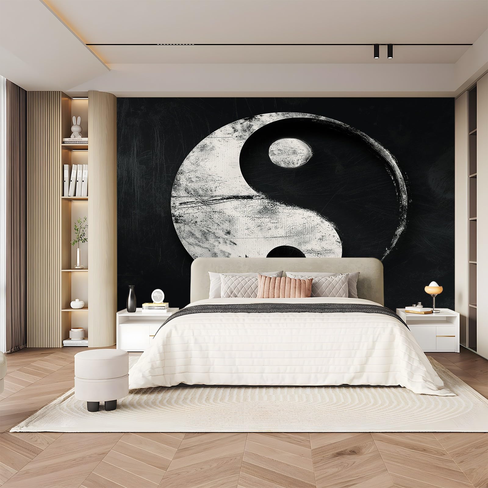 Tapeta z włókniny z motywem orientalnego symbolu Tai Chi, tapeta 400 x 280 cm, panorama, nowoczesna dekoracja, czarna do salonu, sypialni, fototapeta, dekoracja ścienna