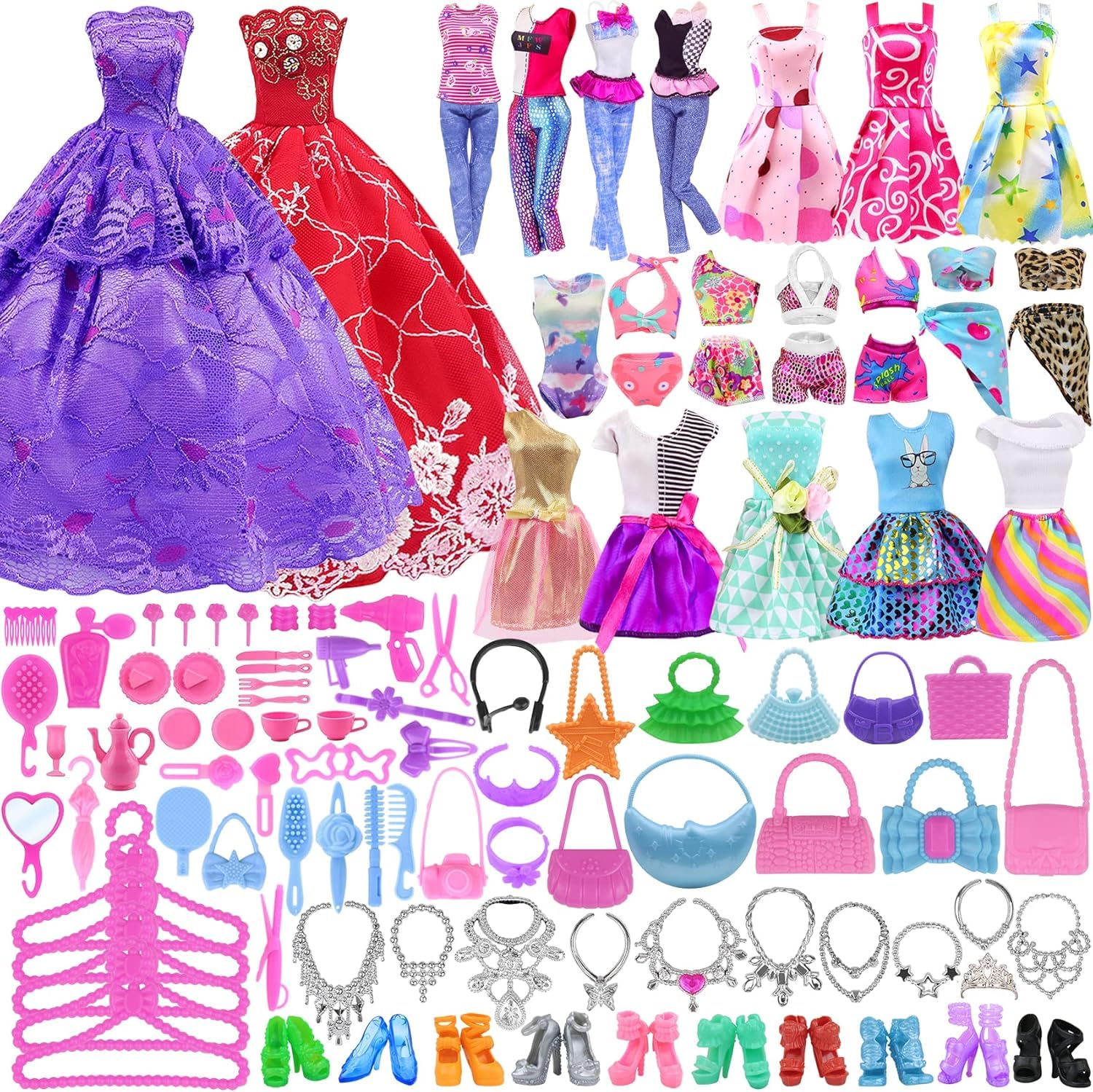 120 Pièces Vêtements et Accessoires avec Armoire pour Poupées 11.5 Pouces | Inclut Robe de Mariage Ensemble, Tenues de Mode Hauts, Pantalons Chaussures, Sacs, Collier, Cintres dans un coffret cadeau