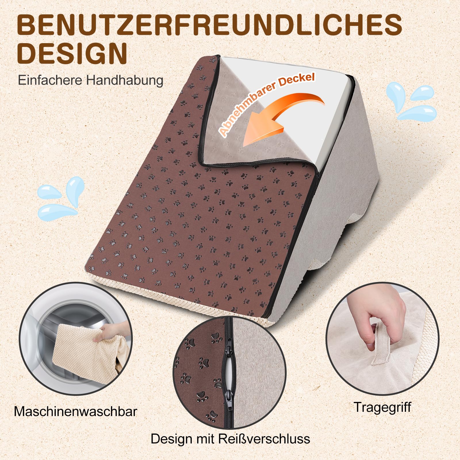 Masthome Hundetreppe für Kleine Hunde,Haustiertreppe 3 Stufen,Hunderampe aus Hochdichtem Schwamm für Bett und Sofa,Katzentreppe mit Waschbar Plüschbezug,40cm Hoch,Beige