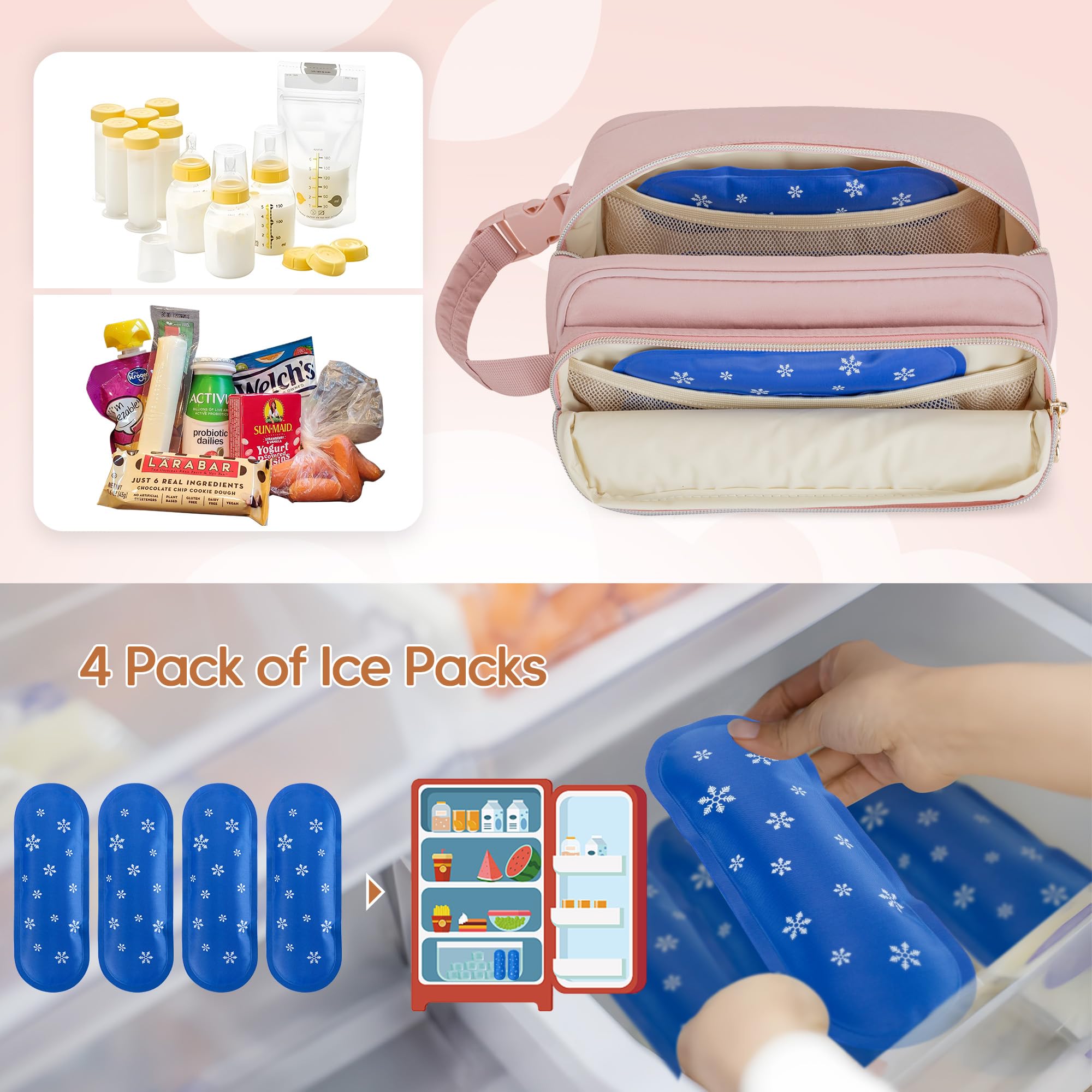 Damero Borsa Termica per Latte Materno con 4 Pacchetti di Ghiaccio, Borsa Termica per Biberon di Latte Materno per Biberon da Viaggio per Madre Che Allatta, Rosa