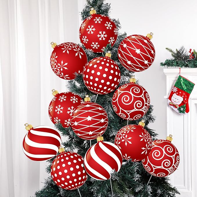 12 peças de enfeites grandes de bolas de Natal vermelhas e brancas, decorações de palitos, espiral, pirulito, hortelã-pimenta