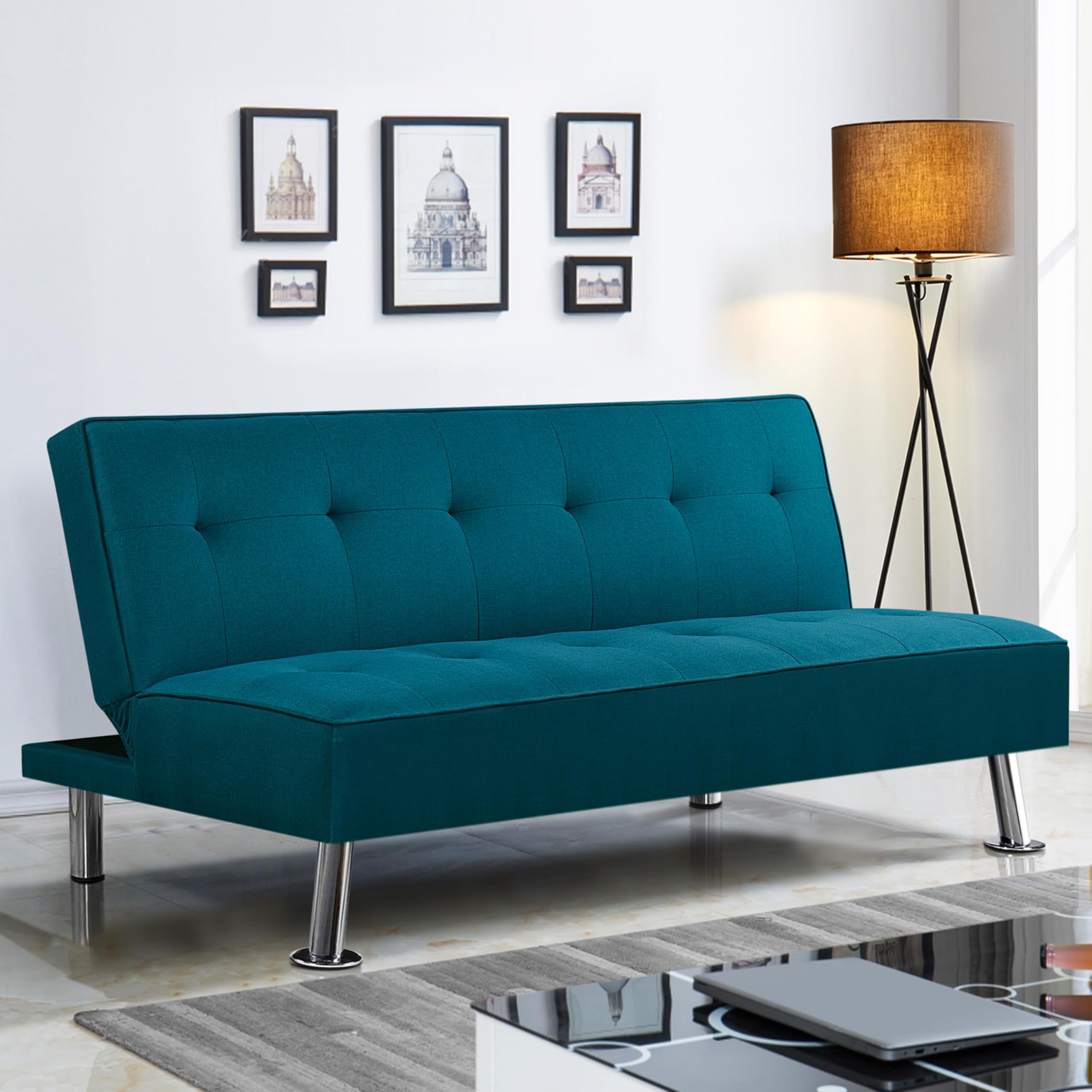 Yaheetech Divano Letto Reclinabile con Seduta Imbottita Convertibile in Letto 105° - 180° Mobile Regolabile da Soggiorno Salotto Stanza Ospiti Arredamento per Riposo Blu Acqua/Tessuto