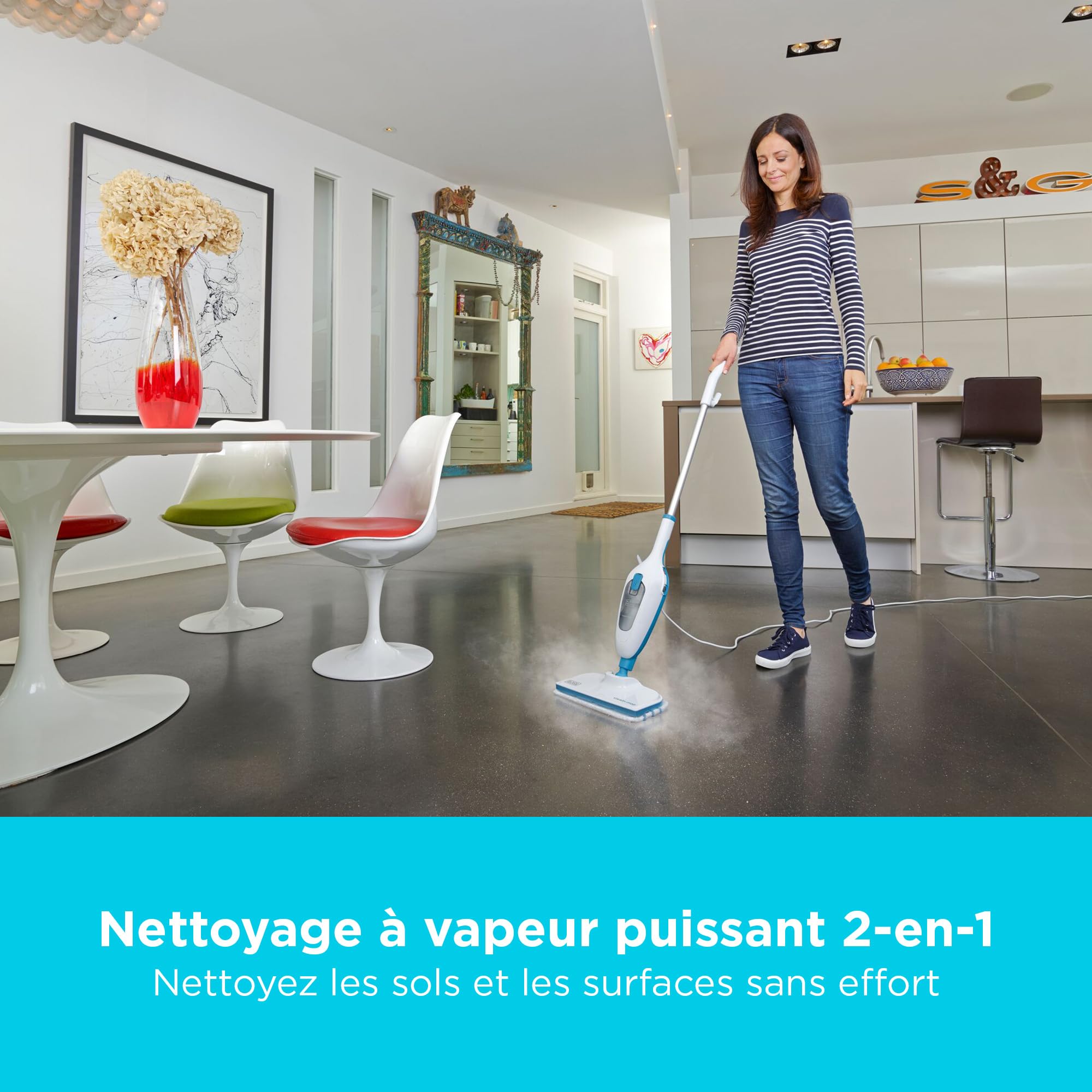 BLACK+DECKER - Balai Vapeur avec Nettoyeur à Main et 5 Accessoires - Multifonctions Puissance 1300W - Temps de Chauffe 25 sec - Tête Pivotante 180° - Réservoir Amovible 350 ml - FSMH13E5-QS
