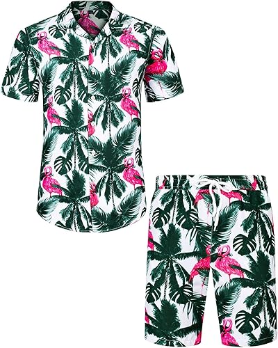 J.VER - Conjunto de camisa hawaiana para hombre, estilo informal, con botones y manga corta, con shorts estampados, conjunto hawaiano tropical para