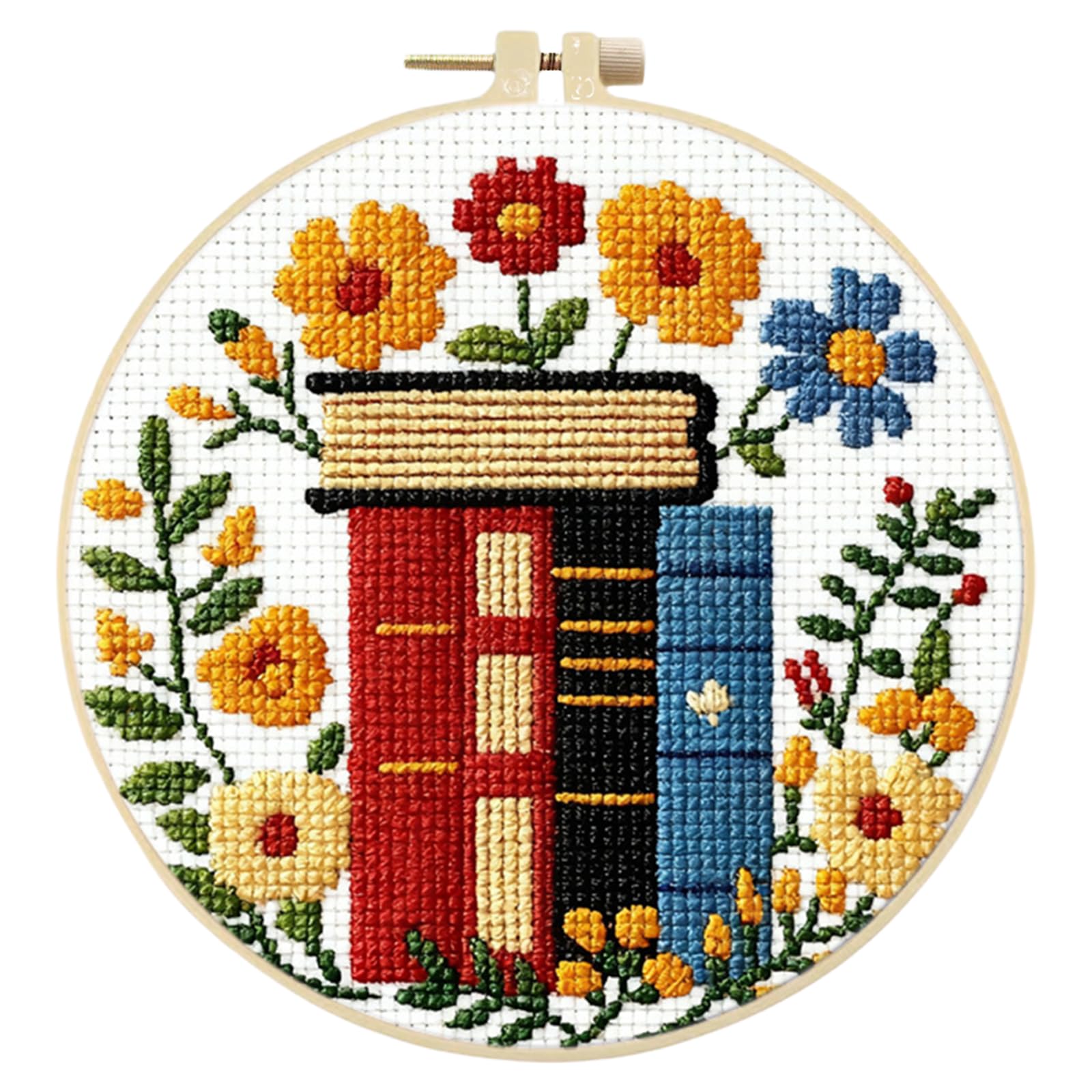 Poetrydraw Books Blooms 11Ct 3 Strands Diy Stamped Embroidery Stitches Practice Kit With Embroidery Hoop Complete Needlework Craft Kit 24X24cm For Beginners Adults Craft Lover (Books Blooms)
