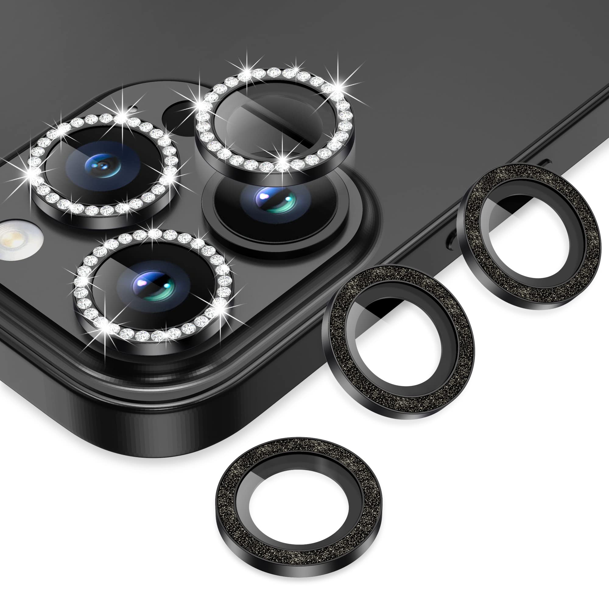 AGVEE 3+3 6 Pack for iPhone 14 Pro 6.1" / 14 Pro Max 6.7" Camera Lens Protector, Bling Diamond & Bling Glitter Metal Ring 9H Tempered HD Glass Camera Protector Cover Film, Bling-Black