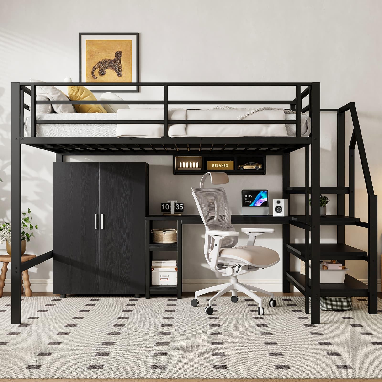KOMHTOM 140x200cm Multifonctionnel Lit Superposé avec Armoire et étagère, Lit Surélevé avec échelle de Rangement et Bureau(sans Matelas) (Noir)