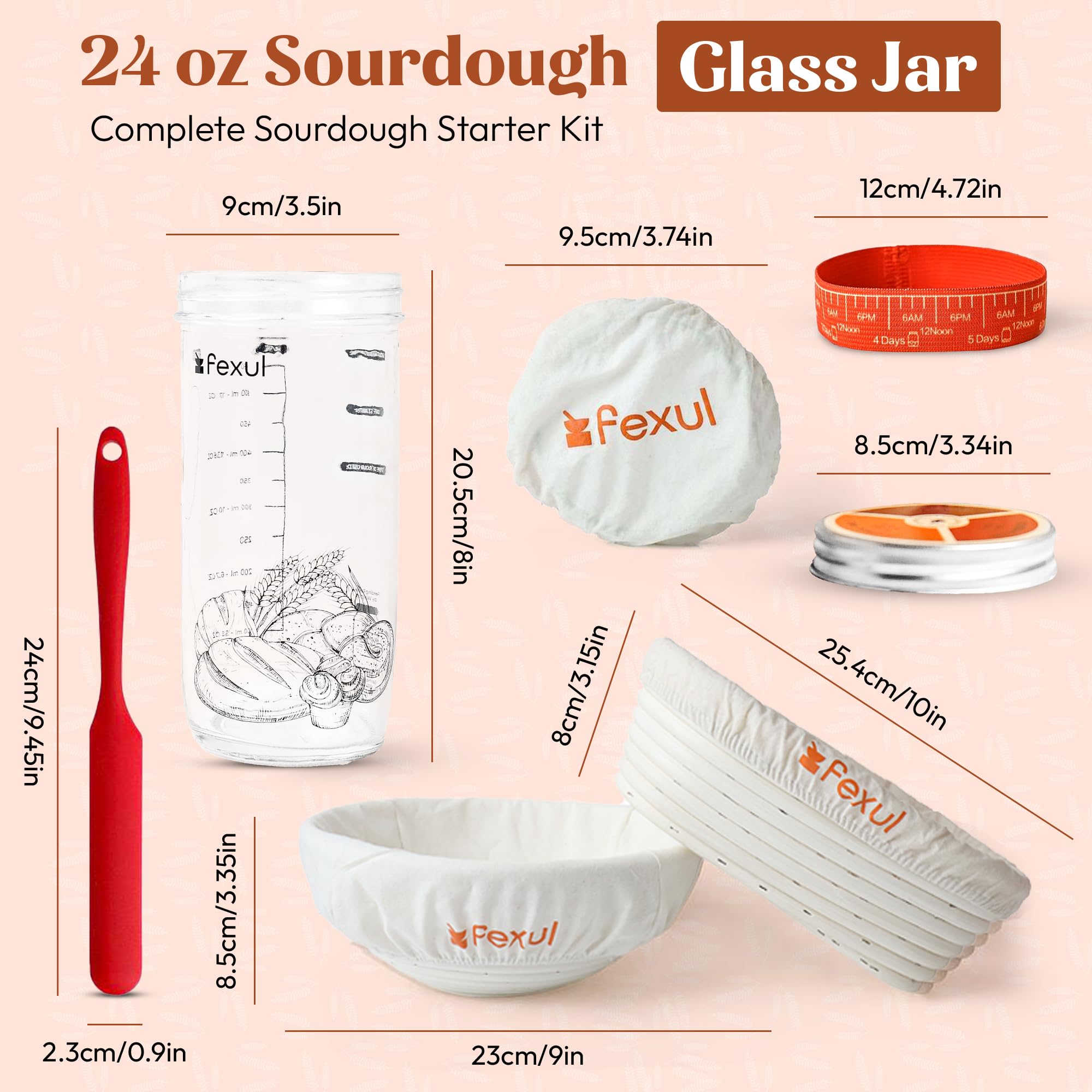 Sauerteig-Starter-Set mit 22,9 cm und 25,4 cm authentischen indonesischen Banneton-Gärkörben, 680 ml Glas und Rezeptbuch, komplettes Brotbackzubehör, Set